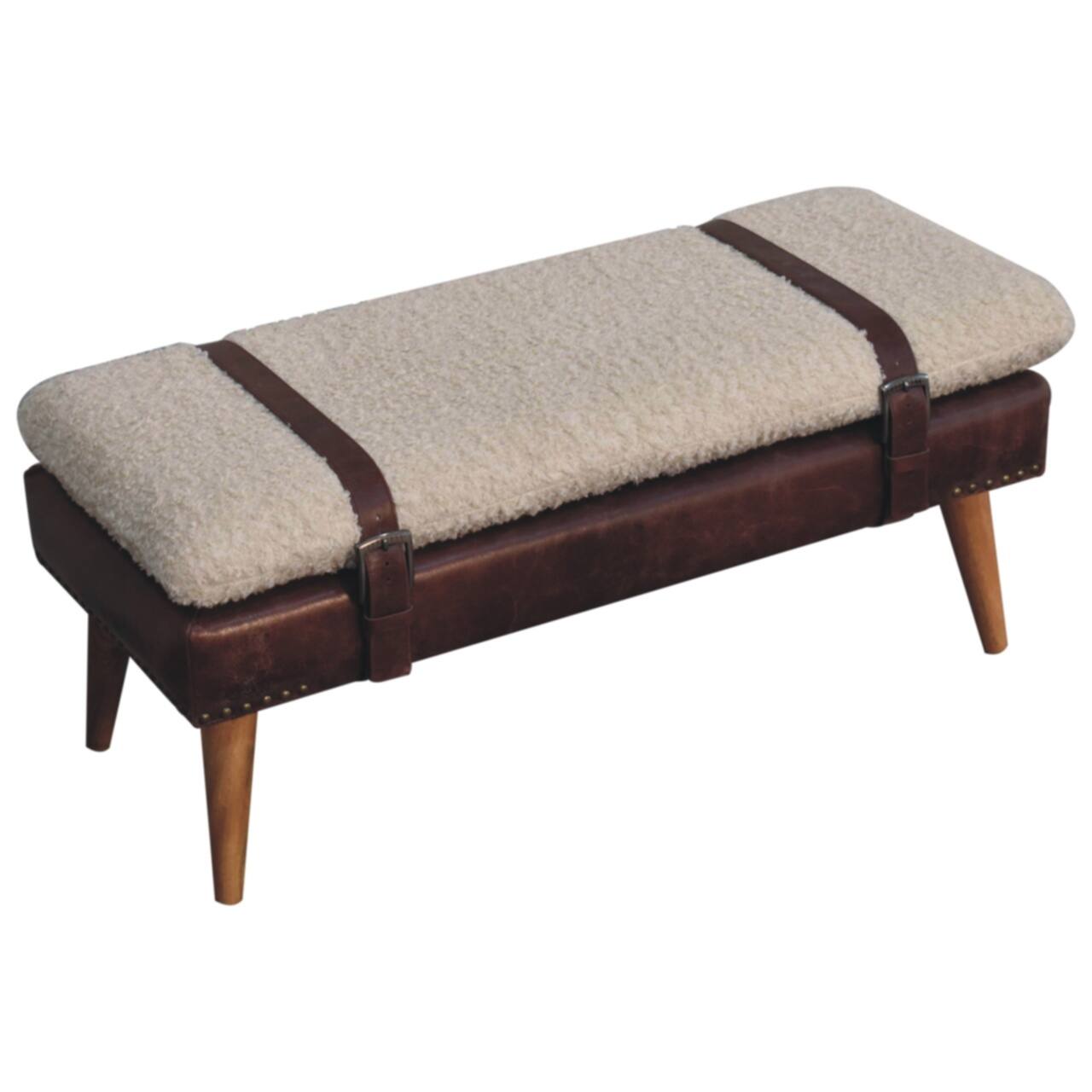 Alt View 2. Artisan Furniture - Artisan Furniture Solid Wood Boucle x Brown Leather Bench, Upholstered, Brown and Cream - Brown and Cream.