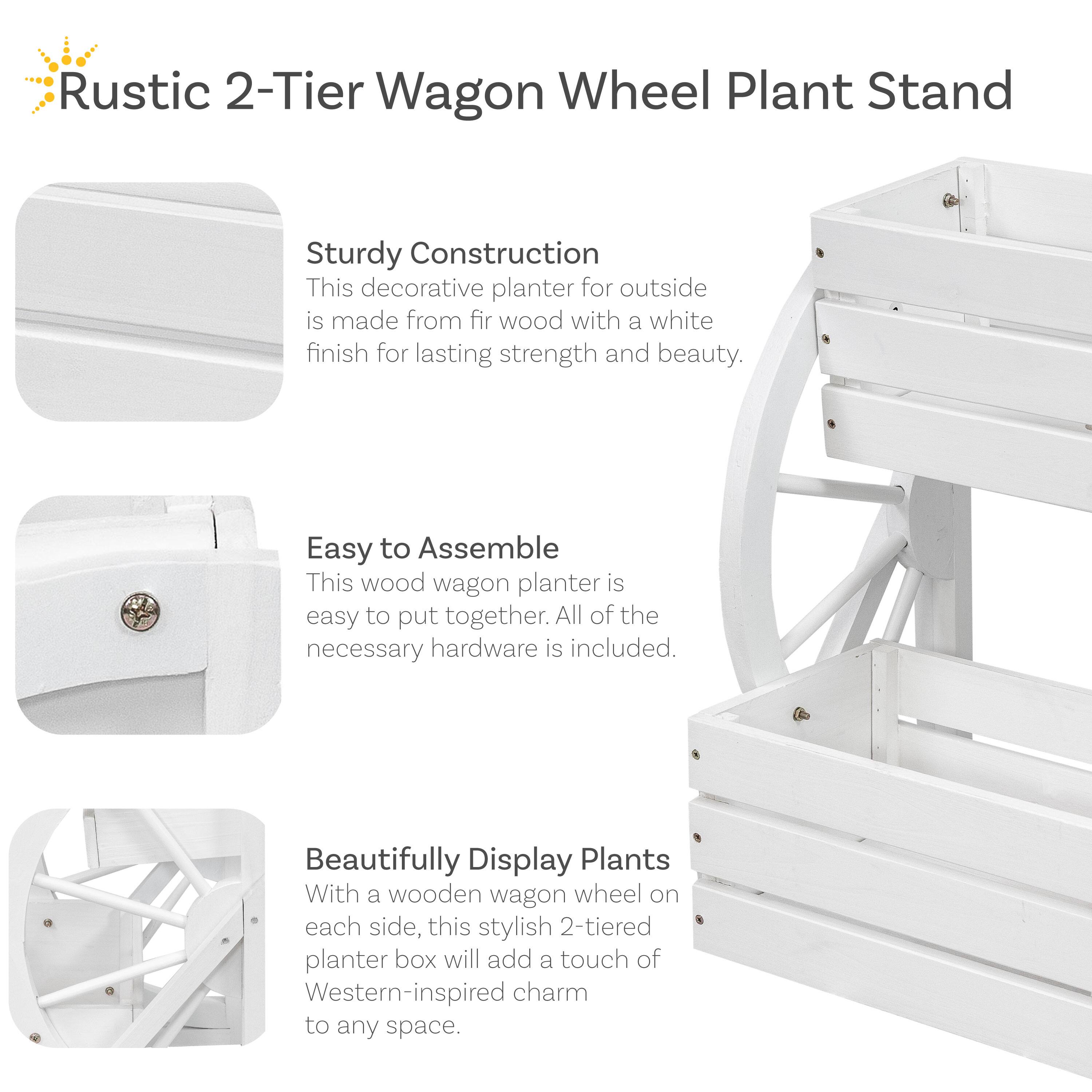 **Rustic 2-Tier Wagon Wheel Plant Stand**

- **Sturdy Construction**  
  This decorative planter for outside is made from fir wood with a white finish for lasting strength and beauty.

- **Easy to Assemble**  
  This wood wagon planter is easy to put together. All of the necessary hardware is included.

- **Beautifully Display Plants**  
  With a wooden wagon wheel on each side, this stylish 2-tiered planter box will add a touch of Western-inspired charm to any space.