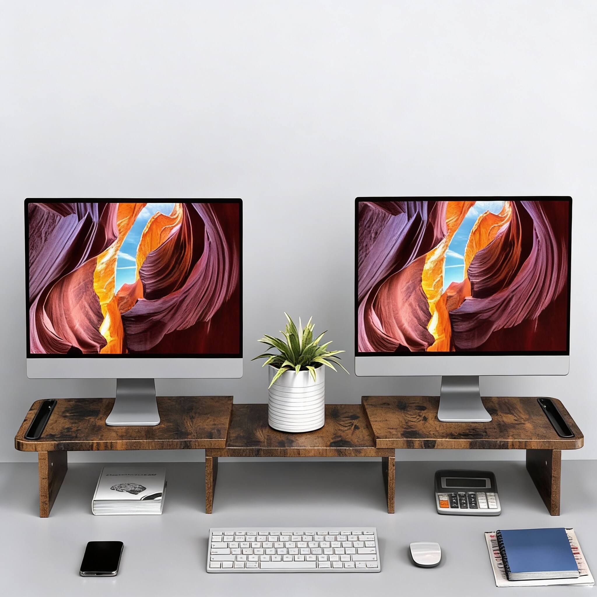 Alt View 2. Frangdom - Dual Monitor Riser Adjustable Wood Desk Stand Storage - Rust Brown.