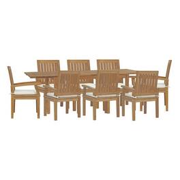 Modway - Marina 9-Piece Outdoor Teak Patio Dining Set with Cushioned Seats - Natural White