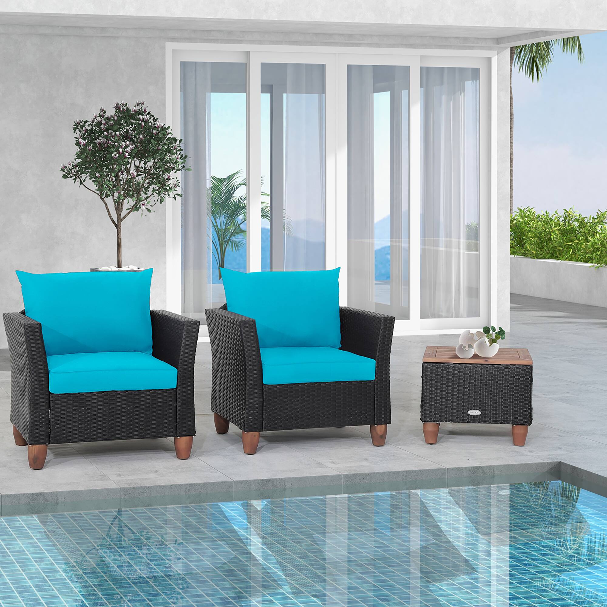 Alt View 2. Gymax - Gymax 3PCS Patio Rattan Conversation Set Outdoor Furniture Set w/ Turquoise Cushions - Turquoise.