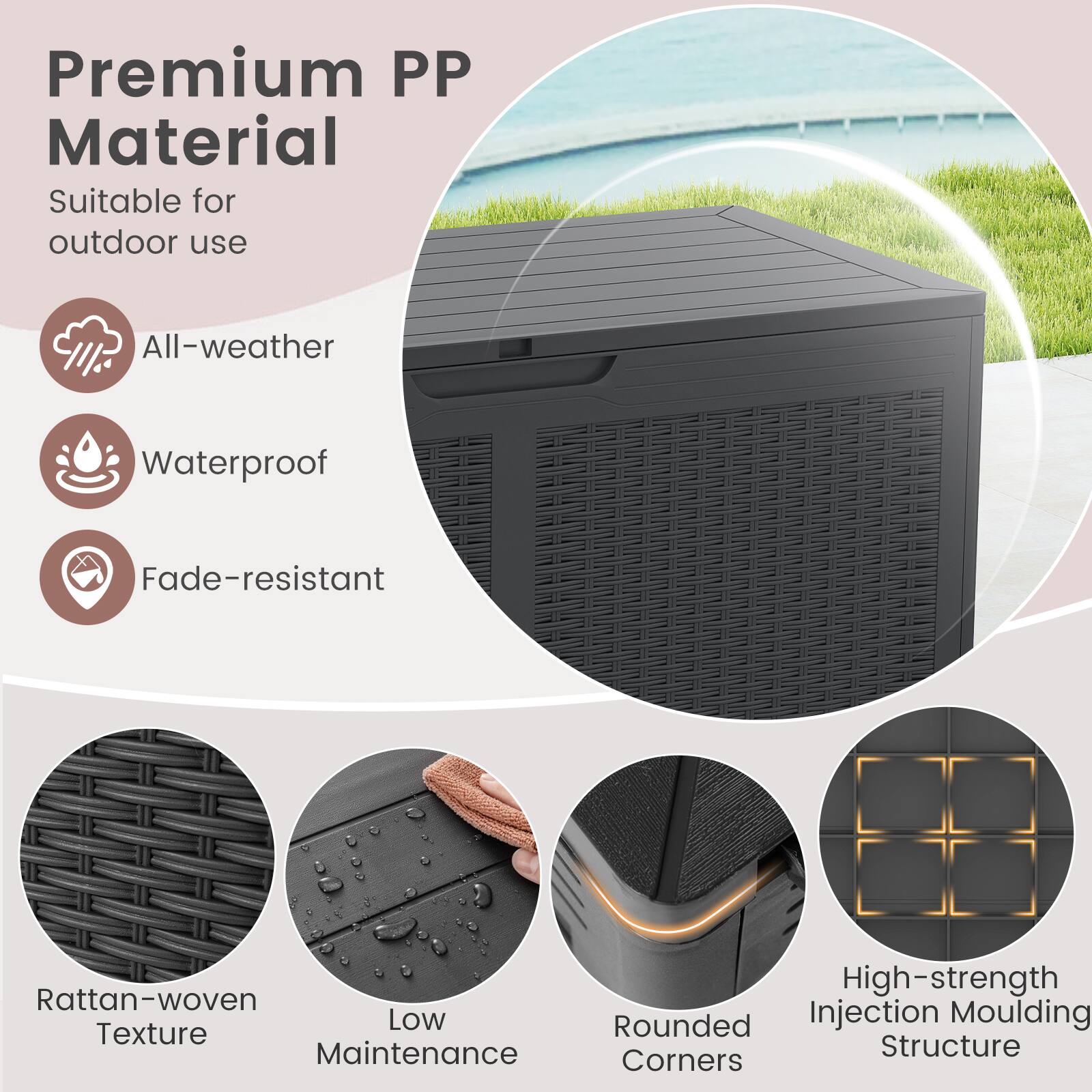 Premium PP Material  
Suitable for outdoor use  

- All-weather  
- Waterproof  
- Fade-resistant  

Rattan-woven Texture  
Low Maintenance  
Rounded Corners  
High-strength Injection Moulding Structure