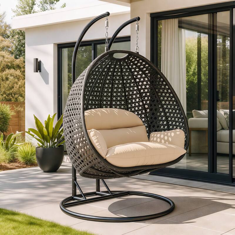 Left. LeisureMod - Leisuremod Outdoor 2-Person Charcoal Wicker Egg Swing Chair with Steel Stand, Washable Cushions & Waterproof Cover - Cream.