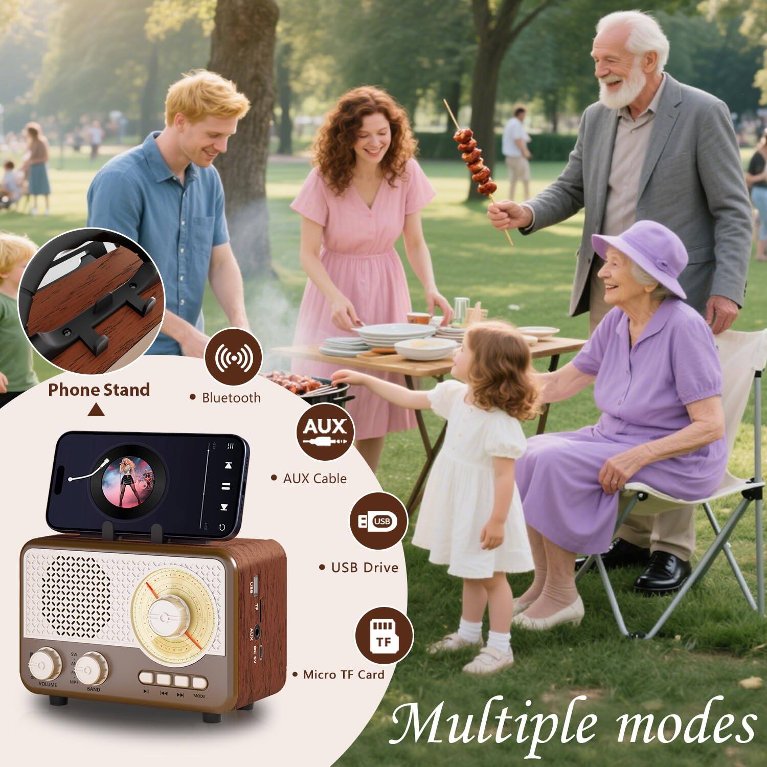 Phone Stand  
- Bluetooth  
- AUX Cable  
- USB Drive  
- Micro TF Card  

Multiple modes