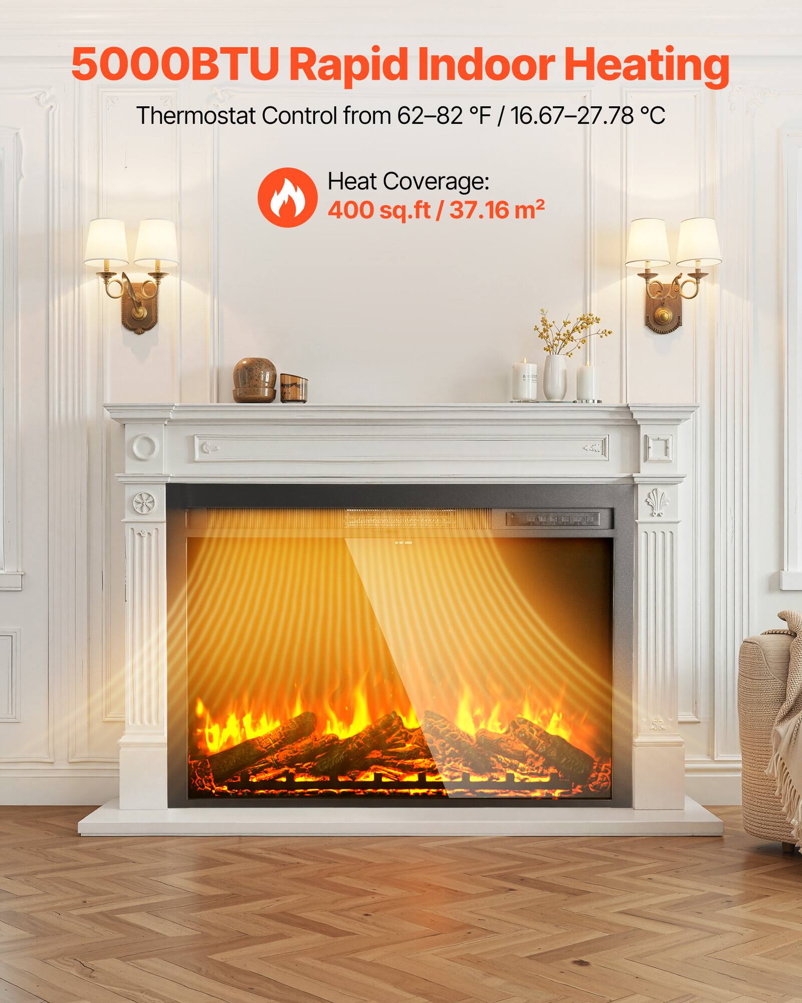 5000BTU Rapid Indoor Heating  
Thermostat Control from 62-82°F / 16.67-27.78°C  
Heat Coverage: 400 sq.ft / 37.16 m²