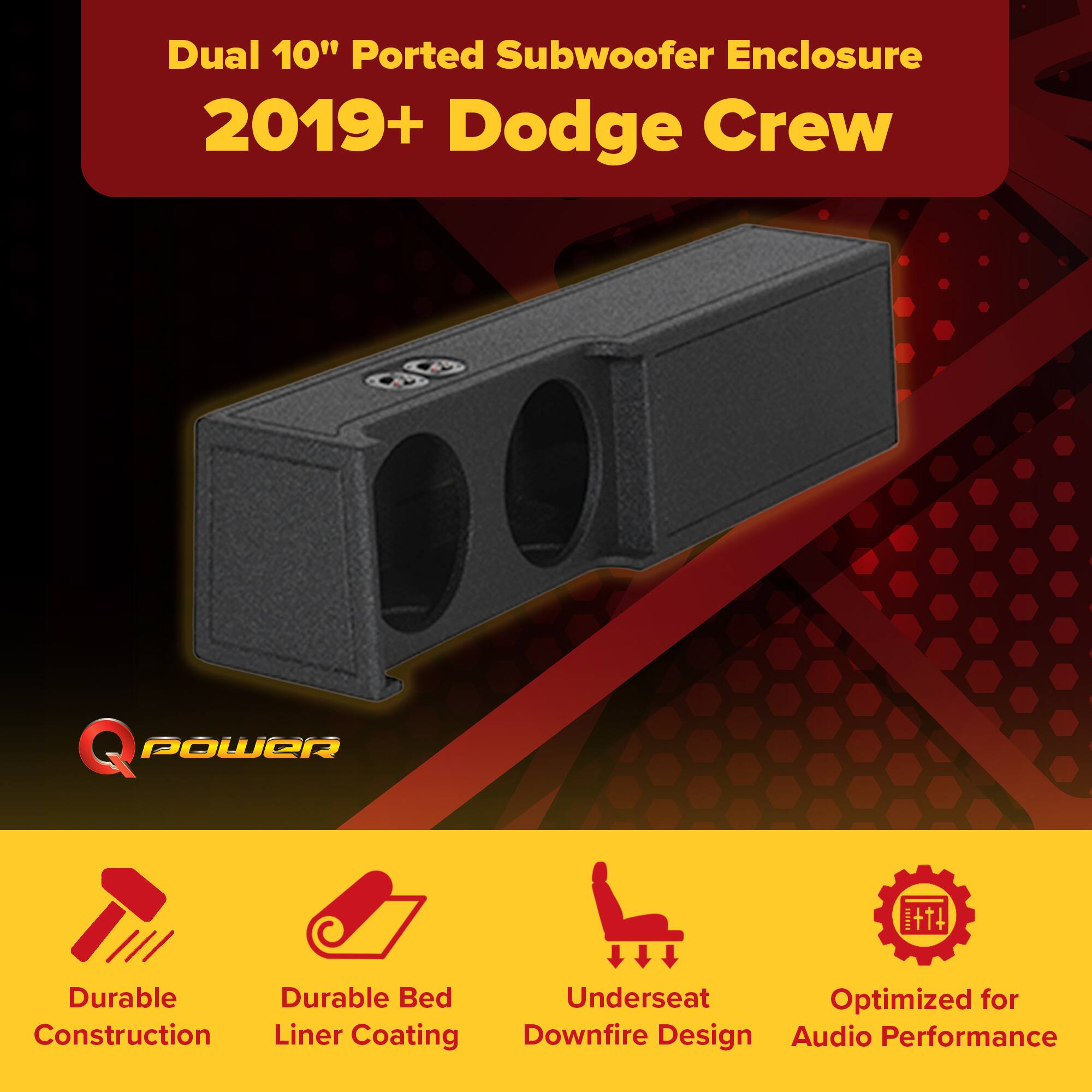 Dual 10" Ported Subwoofer Enclosure  
2019+ Dodge Crew  

- Durable Construction  
- Durable Bed Liner Coating  
- Underseat Downfire Design  
- Optimized for Audio Performance