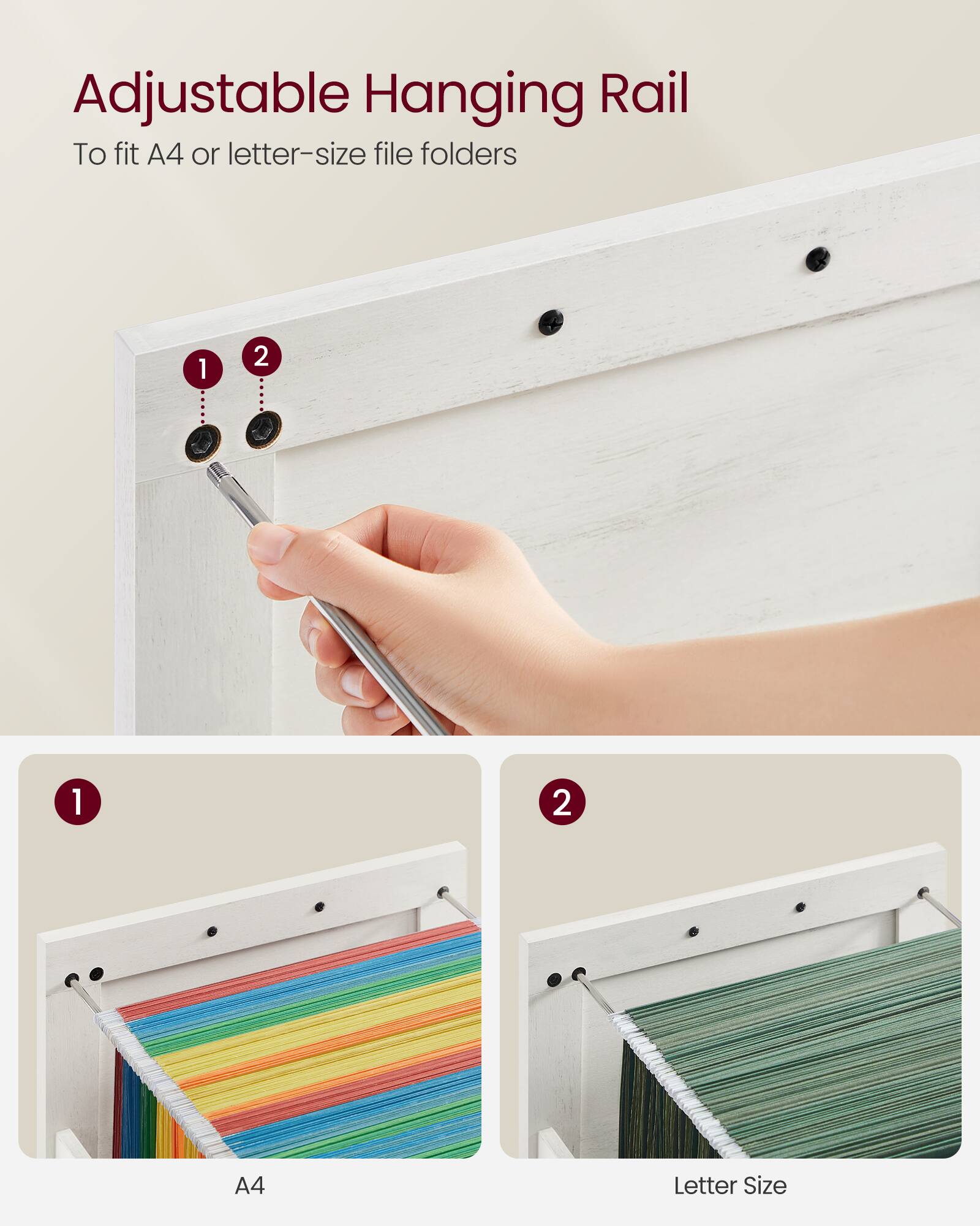 Adjustable Hanging Rail  
To fit A4 or letter-size file folders  

1. A4  
2. Letter Size