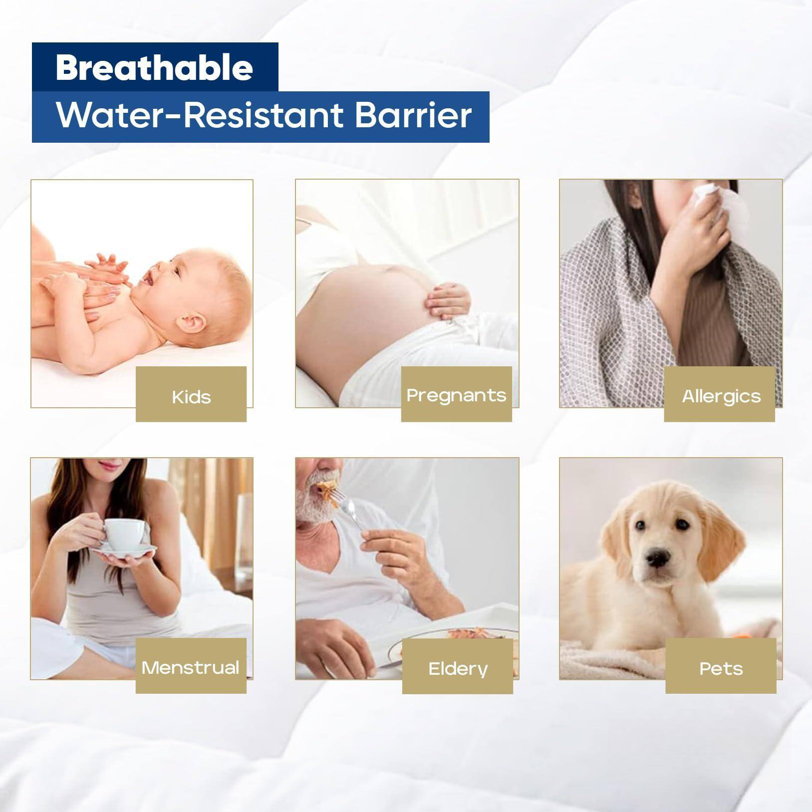Breathable  
Water-Resistant Barrier

- Kids
- Pregnants
- Allergics
- Menstrual
- Eldery
- Pets