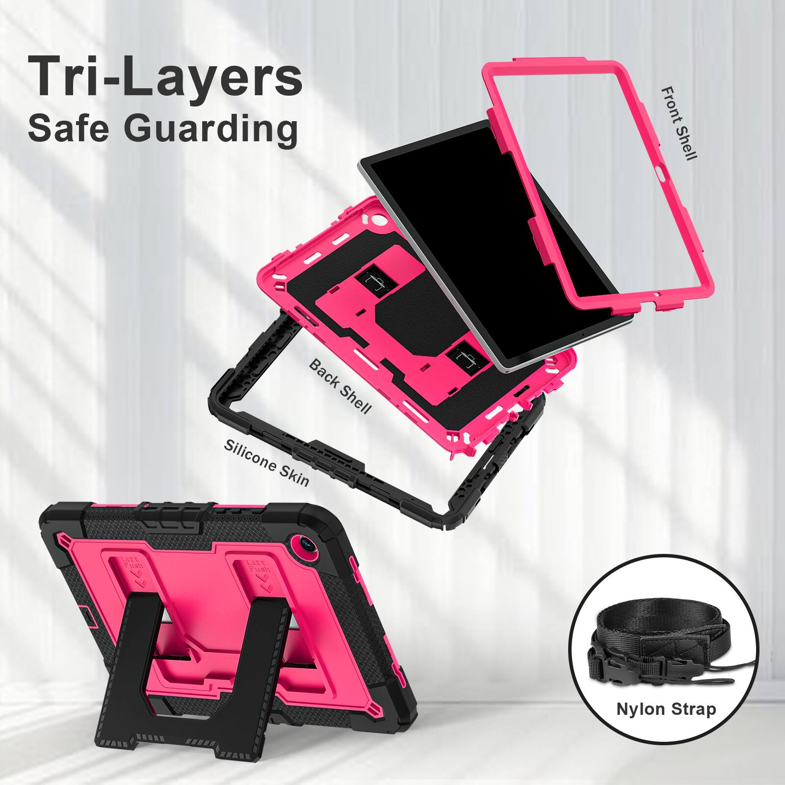 Tri-Layers Safe Guarding  
Front Shell  
Back Shell  
Silicone Skin  
Nylon Strap