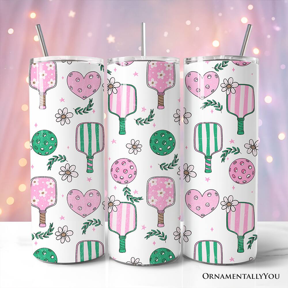 Back. OrnamentallyYou - Sporty Coquette Pink Retro Pickleball 20oz Tumbler With Stainless Steel Straw, Valentine Gift - Multicolored.