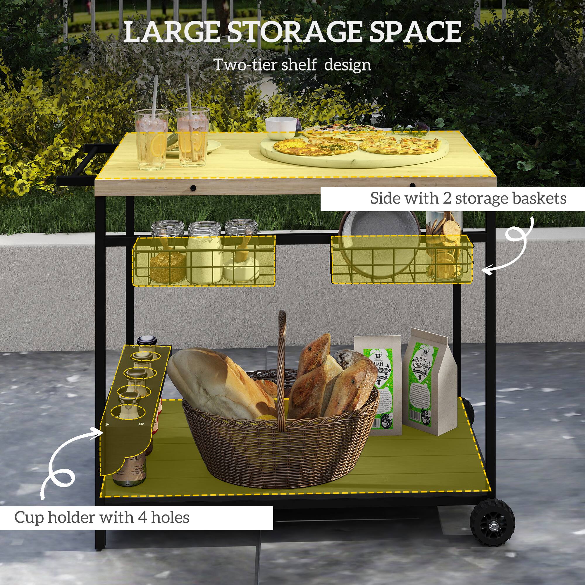 LARGE STORAGE SPACE
Two-tier shelf design
Side with 2 storage baskets
Cup holder with 4 holes