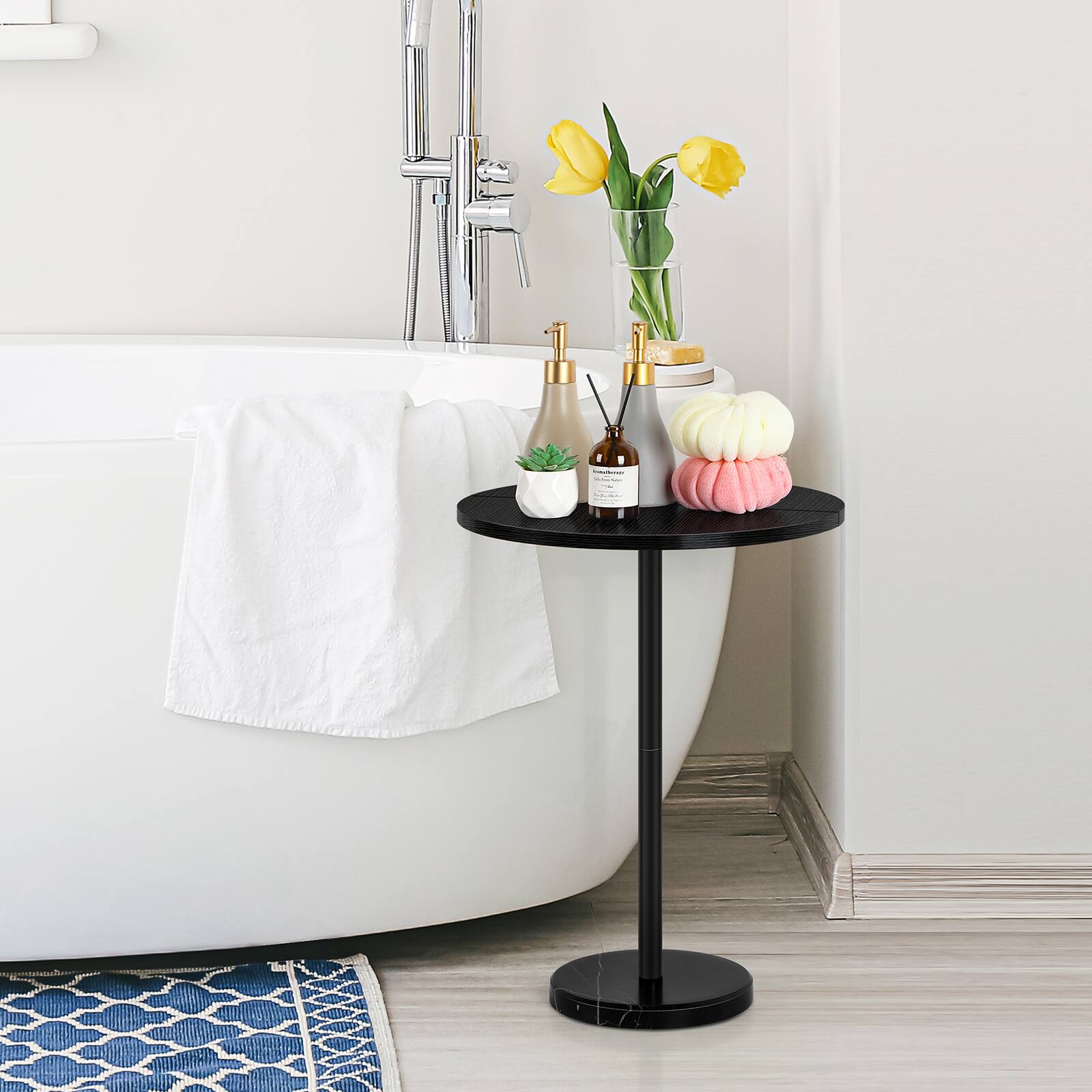 Alt View 2. Oumilen - Large Round Side Table with Marble Base, White - Black.
