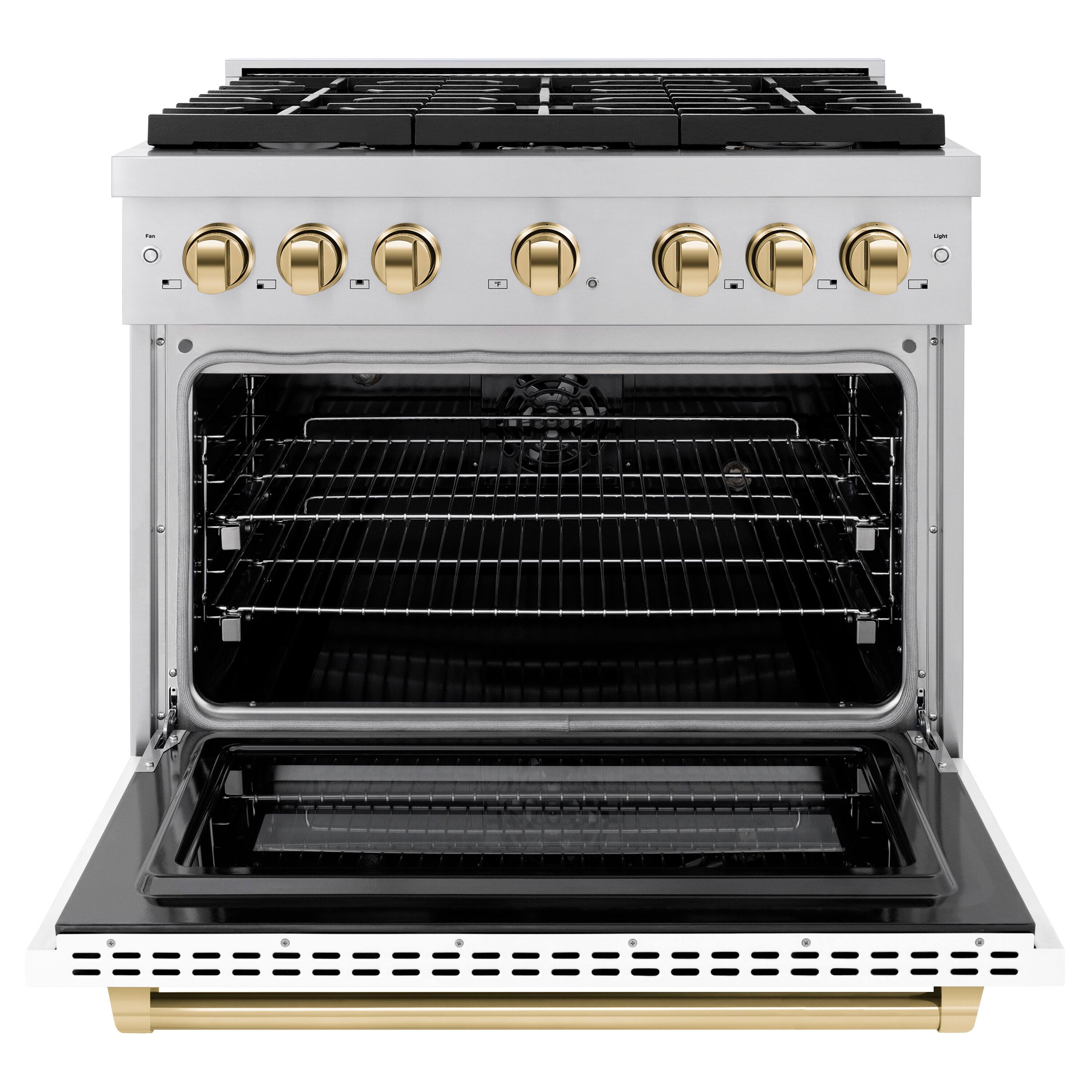 Angle. ZLINE - ZLINE Autograph 36" Paramount Dual Fuel Range with Gold Accents (SDRZ-WM-36-G) - White.