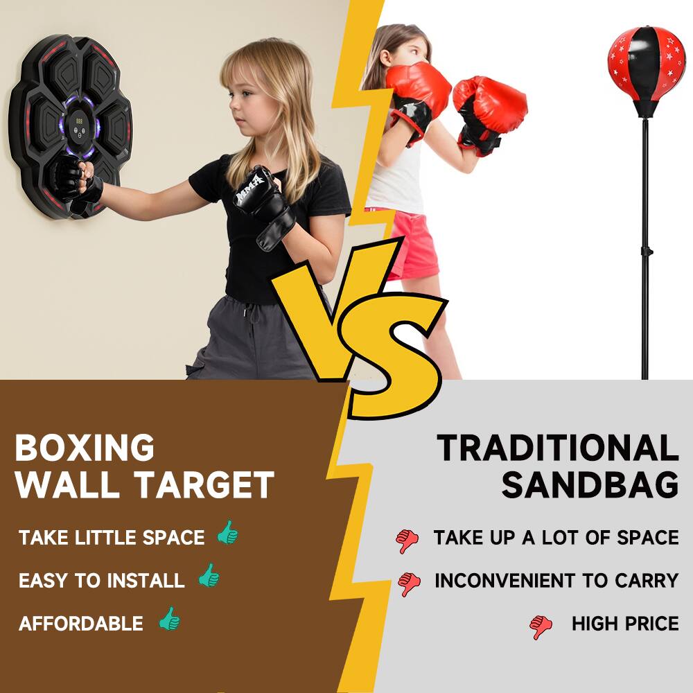 **BOXING WALL TARGET**

- TAKE LITTLE SPACE 👍
- EASY TO INSTALL 👍
- AFFORDABLE 👍

**TRADITIONAL SANDBAG**

- TAKE UP A LOT OF SPACE 👎
- INCONVENIENT TO CARRY 👎
- HIGH PRICE 👎