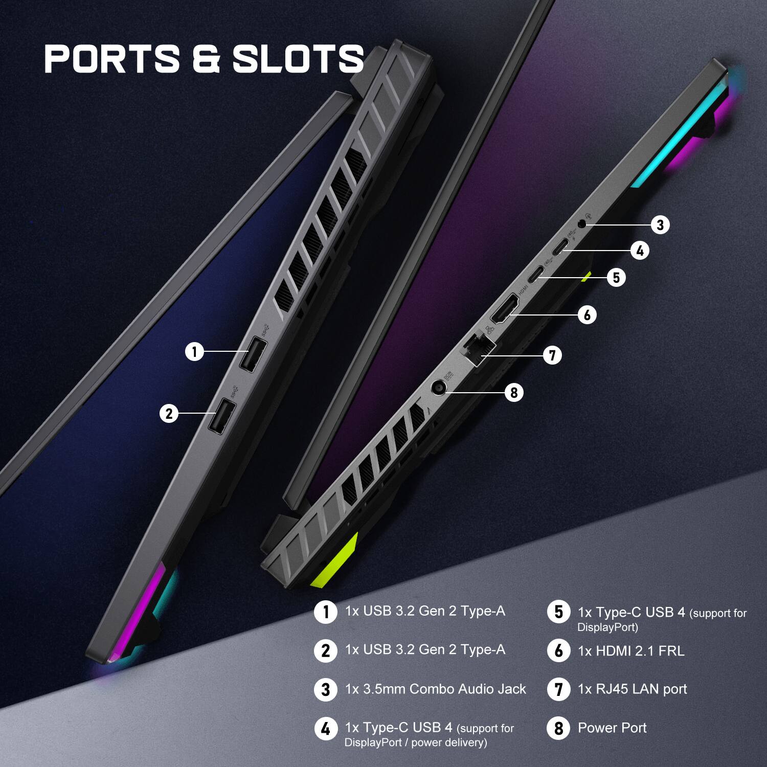 PORTS & SLOTS

1. 1x USB 3.2 Gen 2 Type-A
2. 1x USB 3.2 Gen 2 Type-A
3. 1x 3.5mm Combo Audio Jack
4. 1x Type-C USB 4 (support for DisplayPort / power delivery)
5. 1x Type-C USB 4 (support for DisplayPort)
6. 1x HDMI 2.1 FRL
7. 1x RJ45 LAN port
8. Power Port