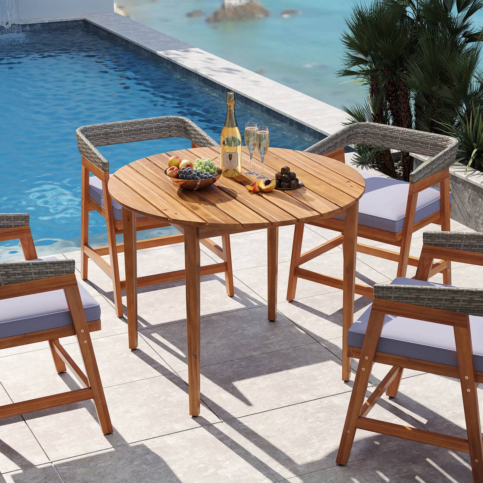 Alt View 5. Costway - Costway 5 Piece Patio Dining Set Outdoor Solid Wood Furniture with Rattan Backrest - Mix Gray.