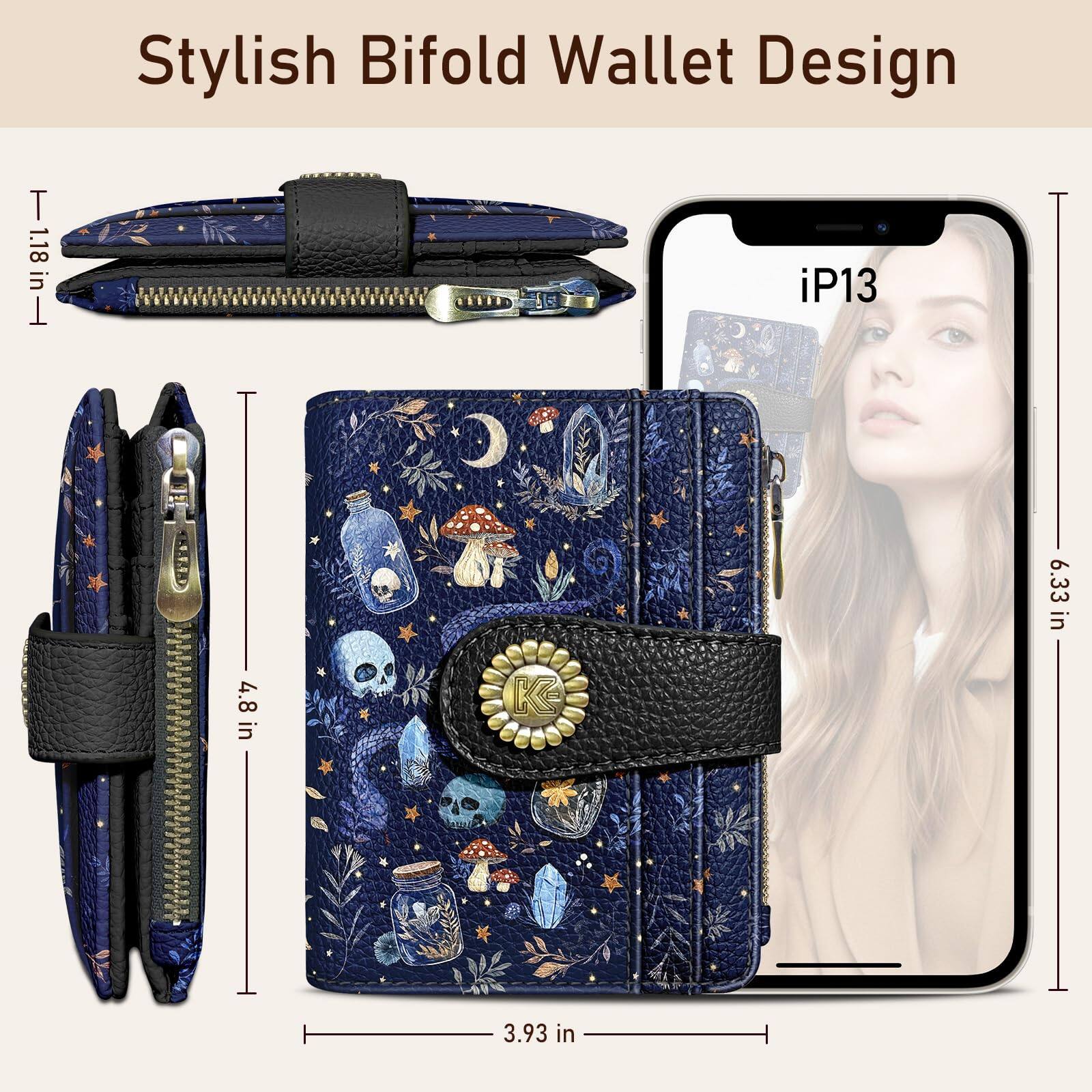Alt View 2. Jadie Link - Mushroom Snake Night Small Rfid Women Wallet Bifold Zipper Pocket Leather Compact Credit Card Holder Travel Female - Mushroom Moon.