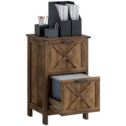 Front. Homcom - 2 Drawer Vertical File Cabinet with Silent Slides, Farmhouse Filing Cabinet with Barn Doors for A4 Letter Size.