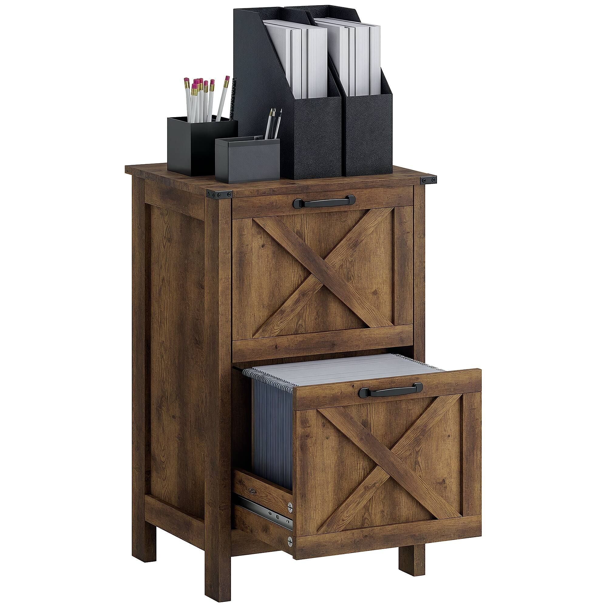 Homcom - 2 Drawer Vertical File Cabinet with Silent Slides, Farmhouse Filing Cabinet with Barn Doors for A4 Letter Size