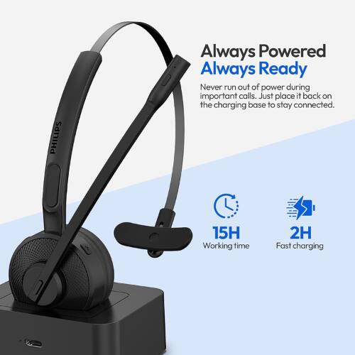 PHILIPS  
Always Powered  
Always Ready  
Never run out of power during important calls. Just place it back on the charging base to stay connected.  
15H Working time  
2H Fast charging