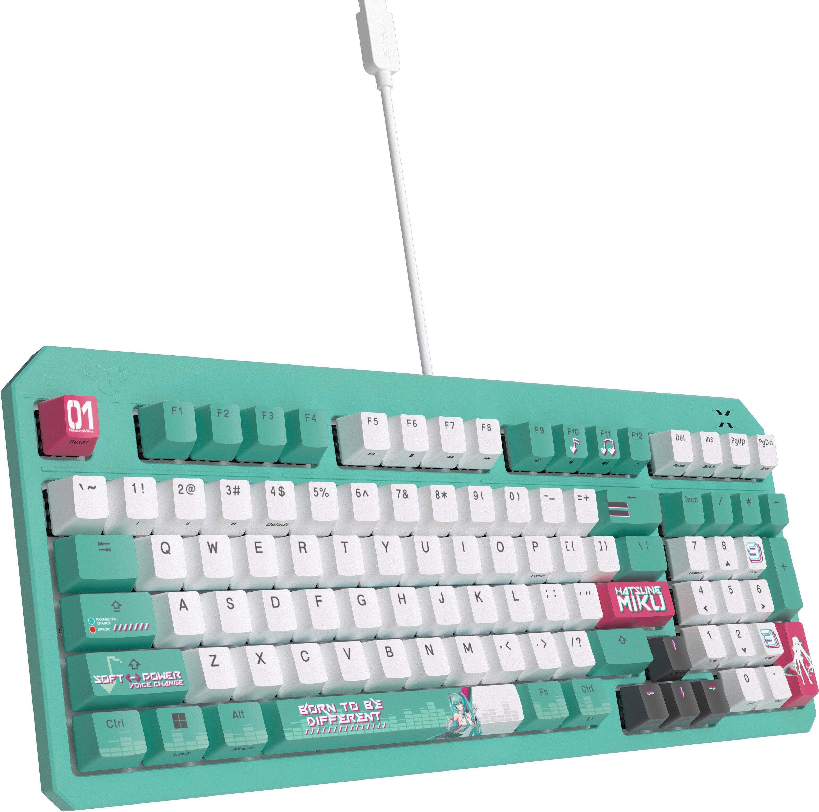 The image features a teal computer keyboard with a white background. The keyboard is a wireless model, and it is designed with a unique color scheme. The keys are labeled with numbers and letters, including the numbers 1 through 9, the letters A through Z, and the letters Q, W, E, R, T, Y, U, I, O, P, J, K, L, and M. The keyboard also has a few special keys, such as Alt, Ctrl, and Shift. The overall design of the keyboard is visually appealing and stands out from traditional keyboards.