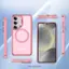 The image shows a pink Samsung phone that is sold separately. The phone is displayed in various positions, including a close-up view and a side view. The pink color of the phone stands out, making it an attractive option for customers. The phone is likely a part of a larger product lineup, with the pink color being one of the available options.