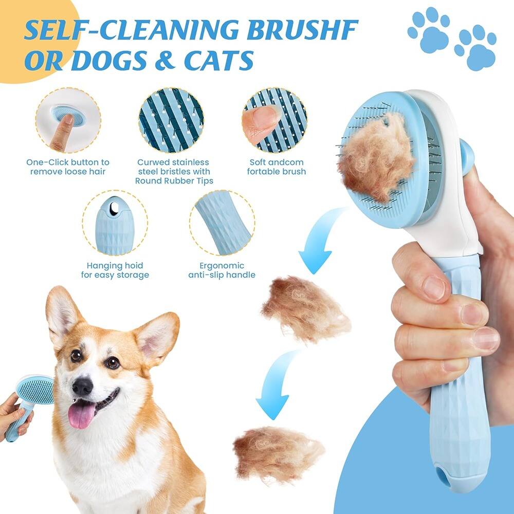 SELF-CLEANING BRUSH FOR DOGS & CATS

- One-Click button to remove loose hair
- Curved stainless steel bristles with Round Rubber Tips
- Soft and comfortable brush
- Hanging hoid for easy storage
- Ergonomic anti-slip handle