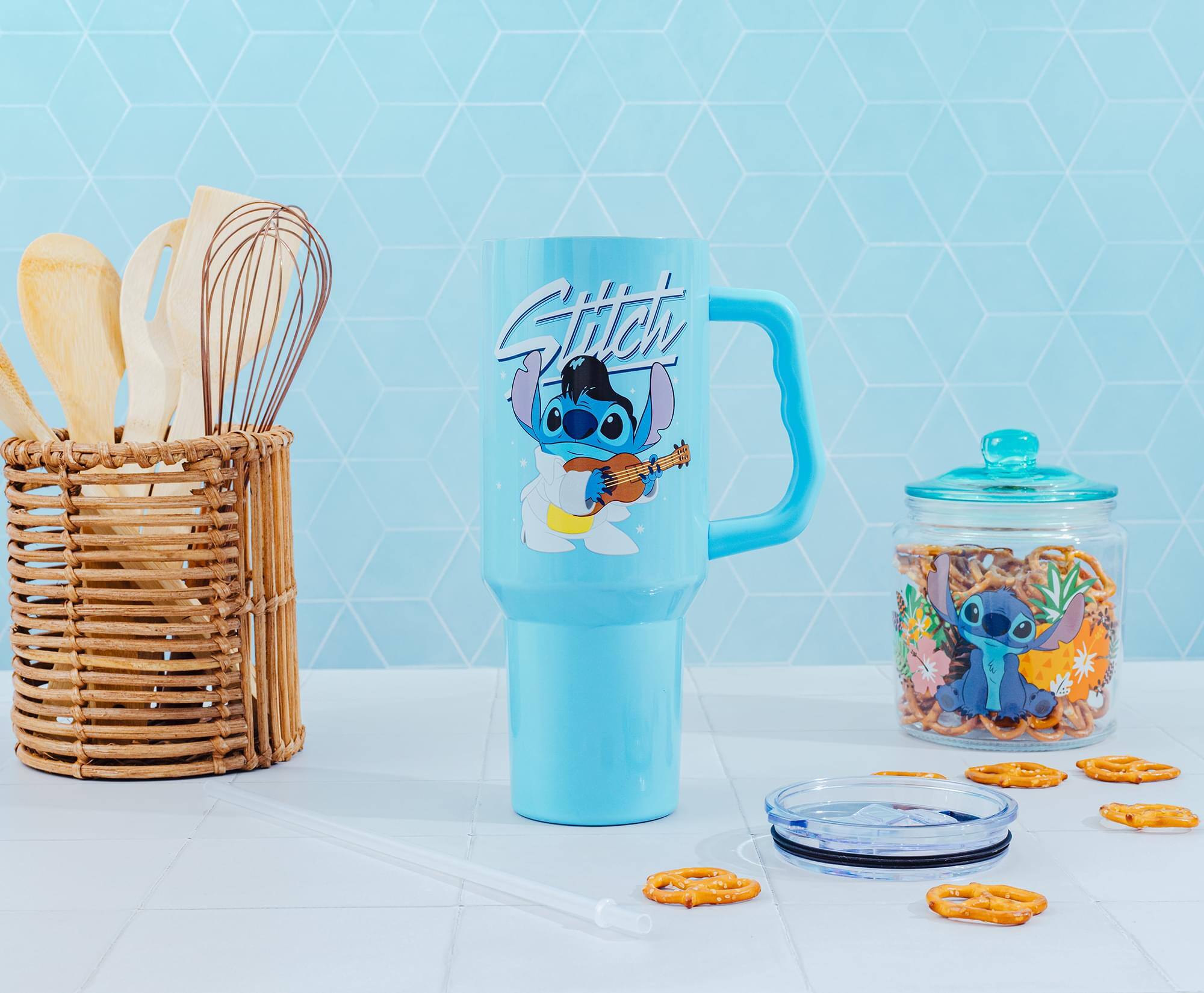 Alt View 2. Silver Buffalo - Disney Lilo & Stitch Elvis Stainless Steel Tumbler With Handle | Holds 40 Ounces - Blue.