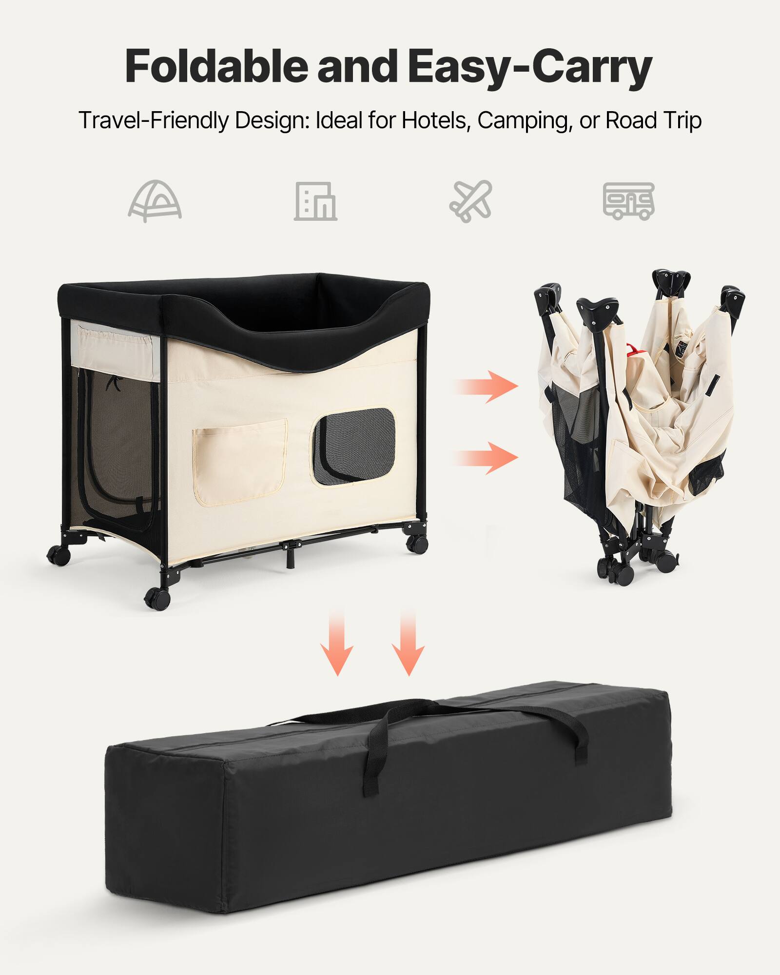 Foldable and Easy-Carry  
Travel-Friendly Design: Ideal for Hotels, Camping, or Road Trip