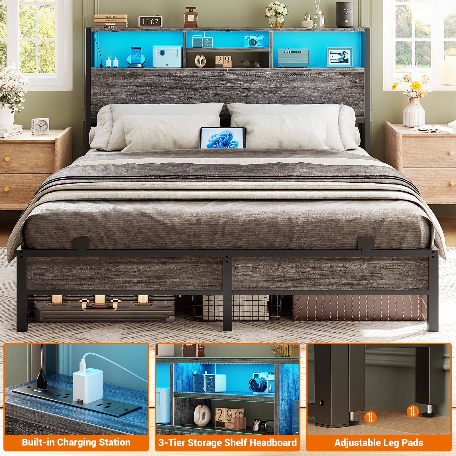 ada 1107 219 2 9 ...  29 2 9 1L 1L Built-in Charging Station 3-Tier Storage Shelf Headboard Adjustable Leg Pads