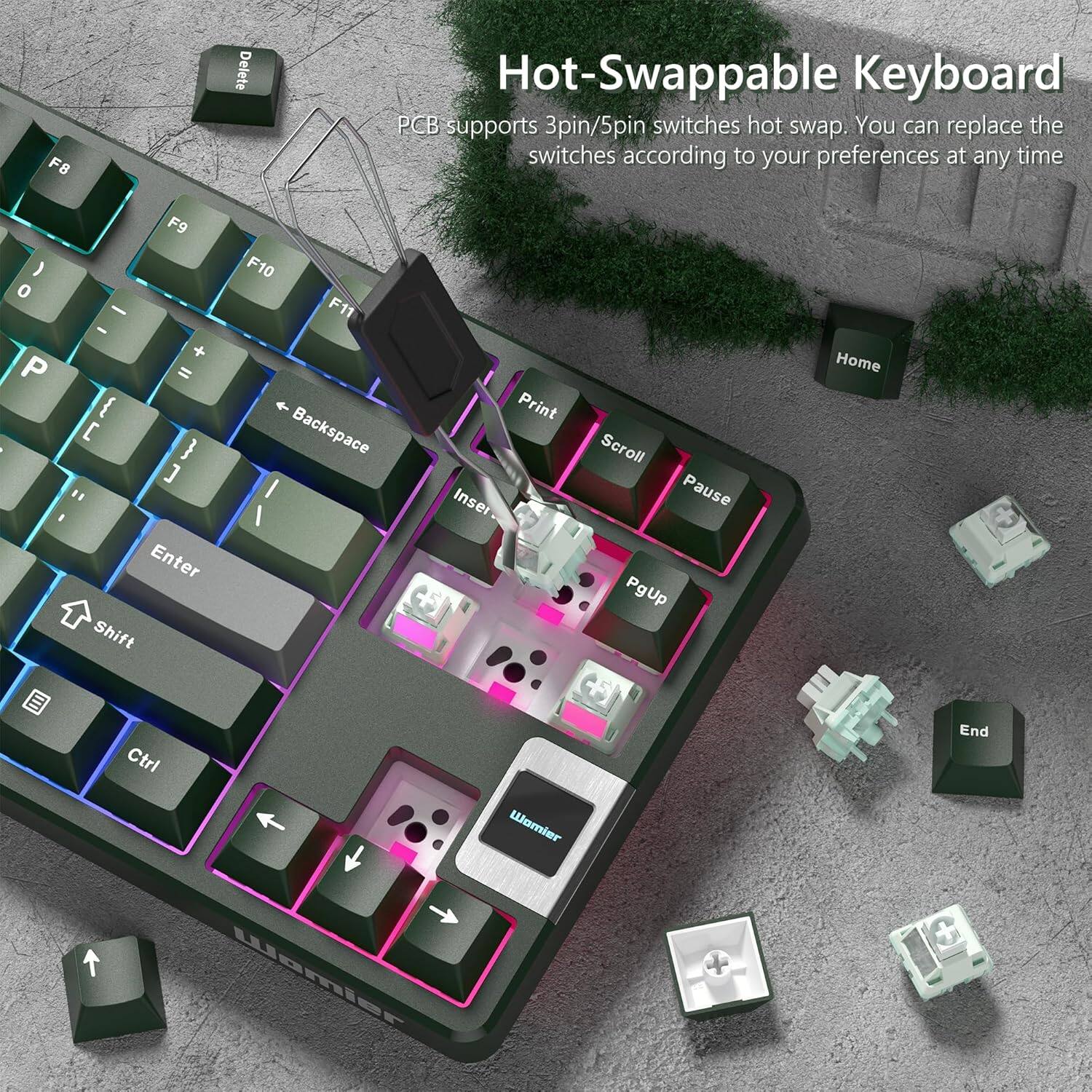 Hot-Swappable Keyboard  
PCB supports 3pin/5pin switches hot swap. You can replace the switches according to your preferences at any time.