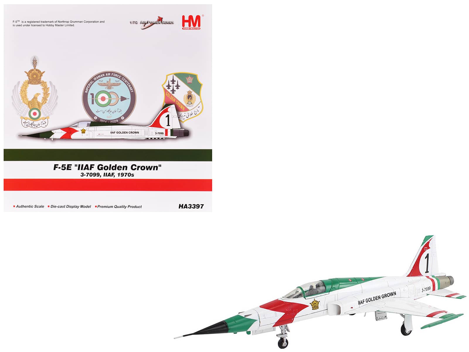 Hobby Master - Northrop F-5E Tiger II "#1 3-7099 IIAF Golden Crown" Imperial Iranian Air Force 1/72 Air Power Series Diecast Model - White