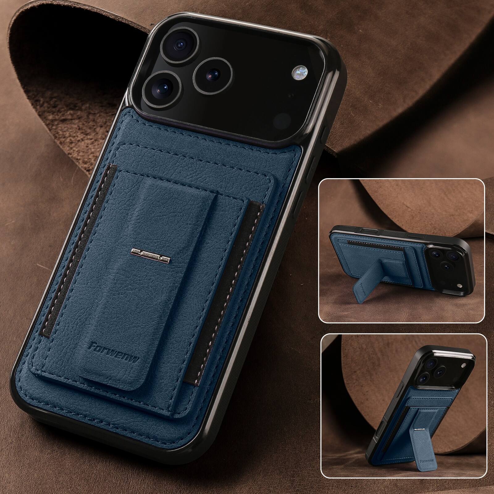 Left. Dteck - Slim Card Holder Case for Apple iPhone 17 Pro, Shockproof Wallet Protective Cover with Kickstand - Blue.