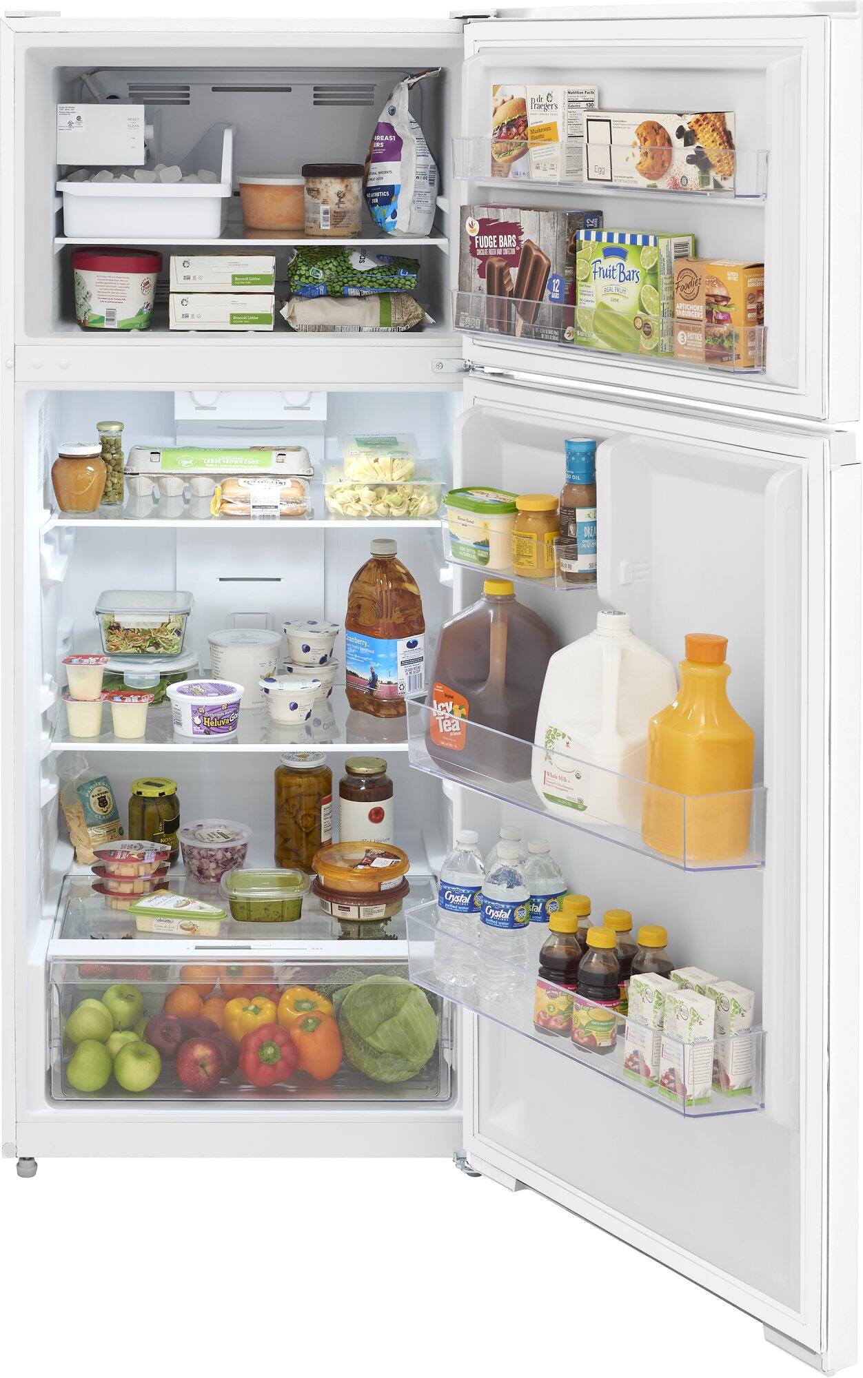 The refrigerator is stocked with a variety of food items, including fruits, vegetables, and drinks. There are several bottles, one of which is a gallon of milk, and a couple of apples. The refrigerator also contains a bowl and a cup. The food items are organized in the refrigerator, making it easy to find and access what is needed.