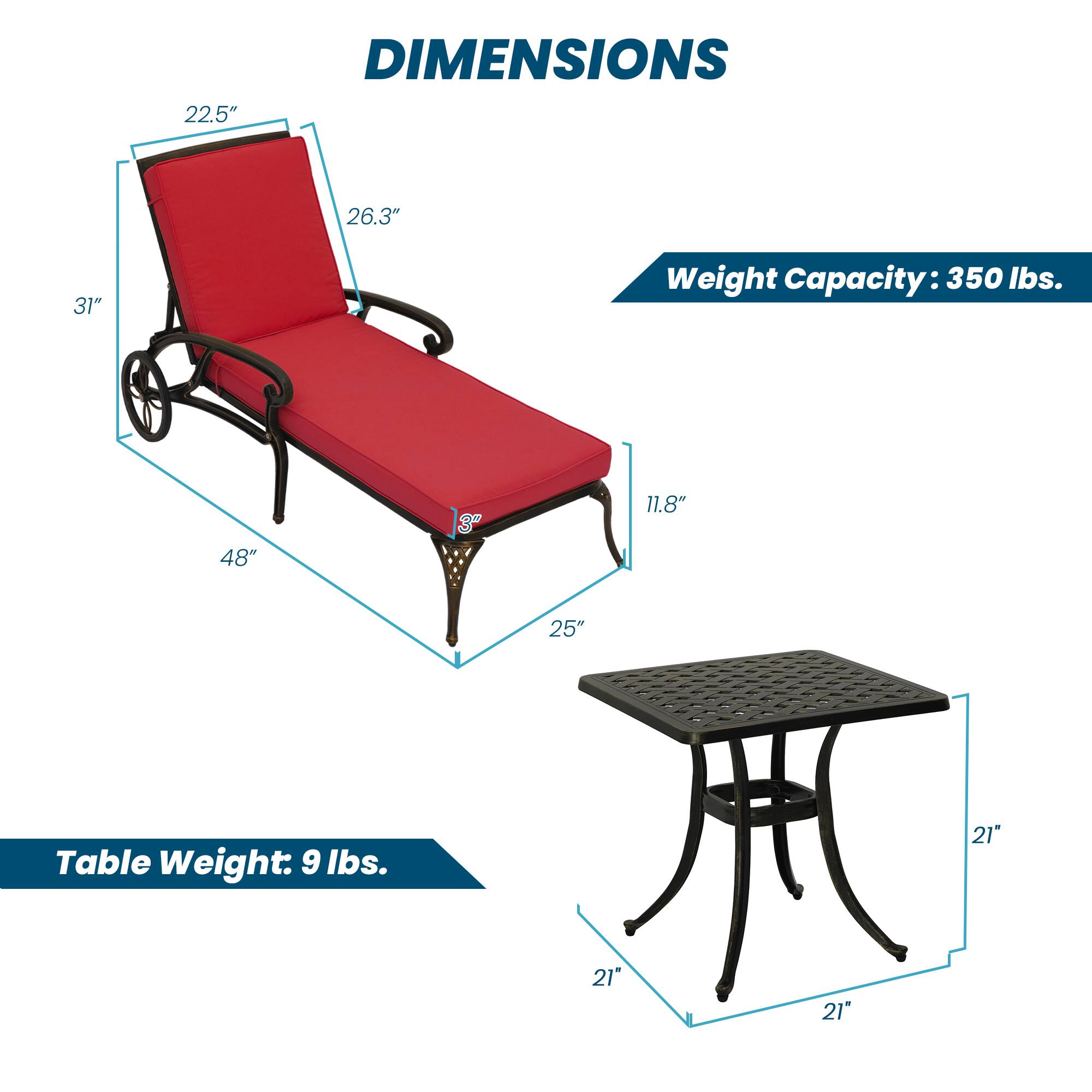 DIMENSIONS  
- 22.5"  
- 26.3"  
- 31"  
- 48"  
- 3"  
- 11.8"  
- 25"  
- 21"  
- 21"  
- 21"  

Weight Capacity: 350 lbs.  

Table Weight: 9 lbs.
