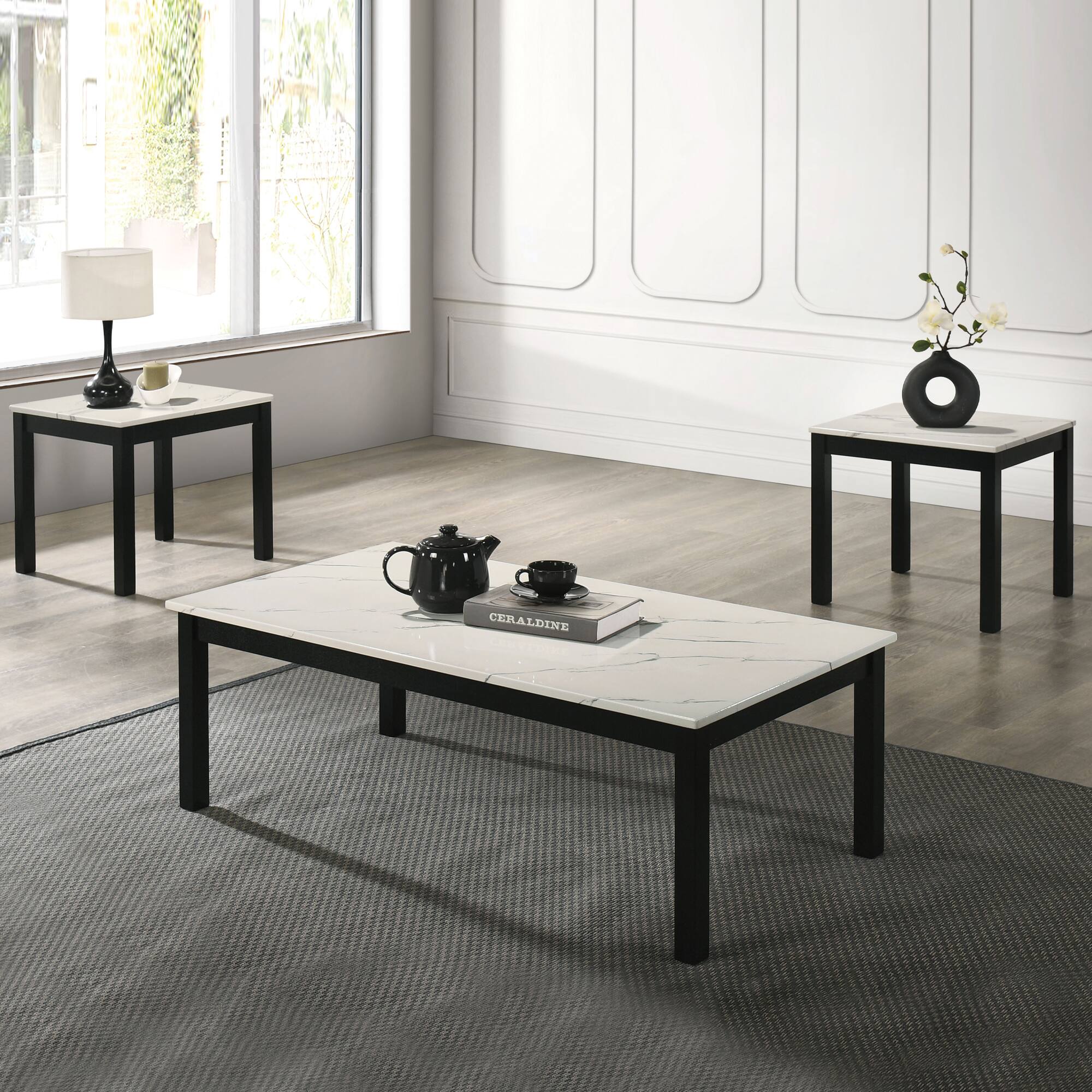 Angle. Vaczon - Faux Marble Table Set, Coffee Table & 2 Side Tables, Solid Wood Legs and Engineered Wood Frame - White.