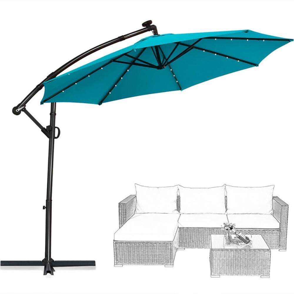 Back. Kadyn - 10FT 360° Rotation Solar Powered LED Patio Offset Umbrella-Turquoise, Patio Offset Umbrella with Easy Tilt Adjustment.