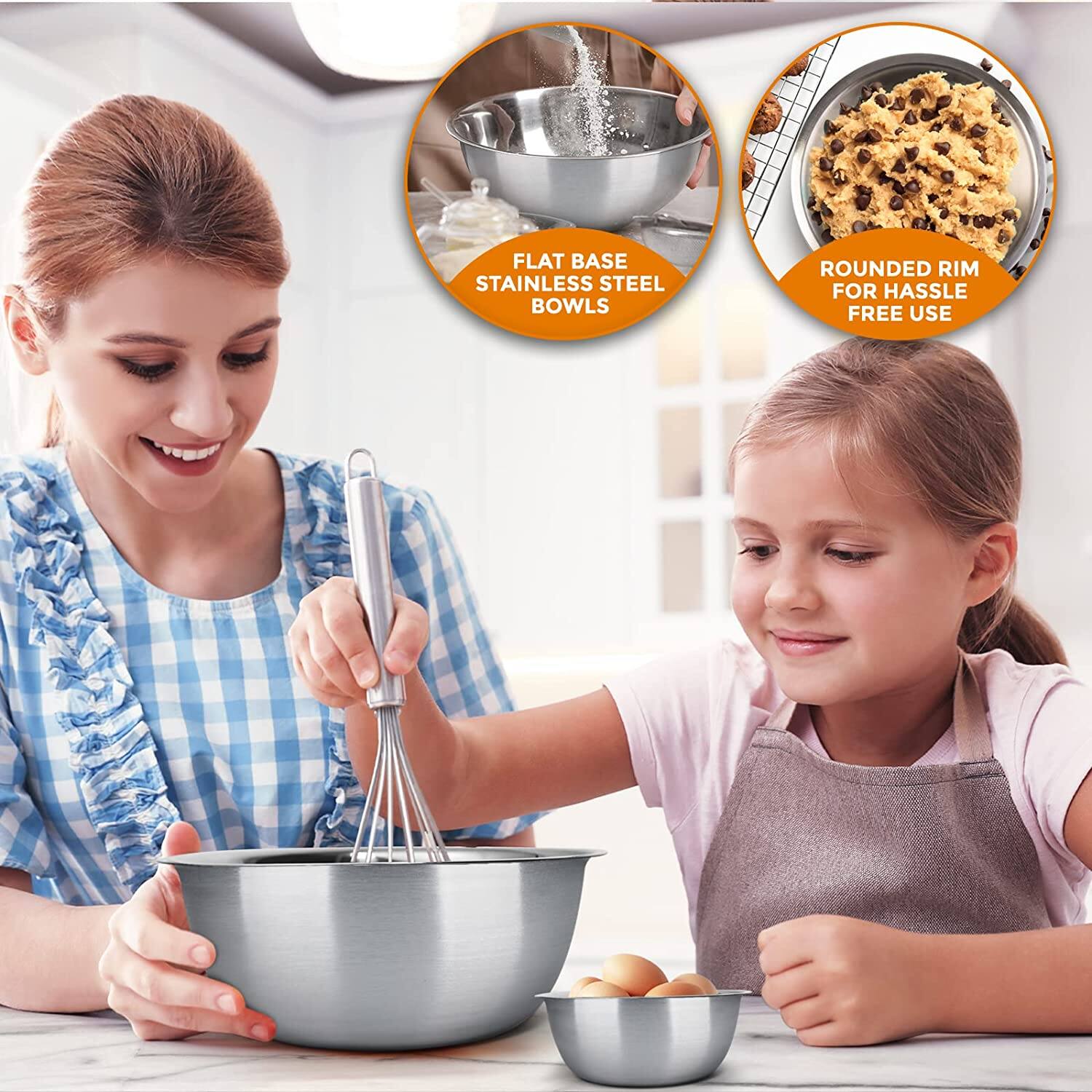 FLAT BASE STAINLESS STEEL BOWLS  
ROUNDED RIM FOR HASSLE FREE USE