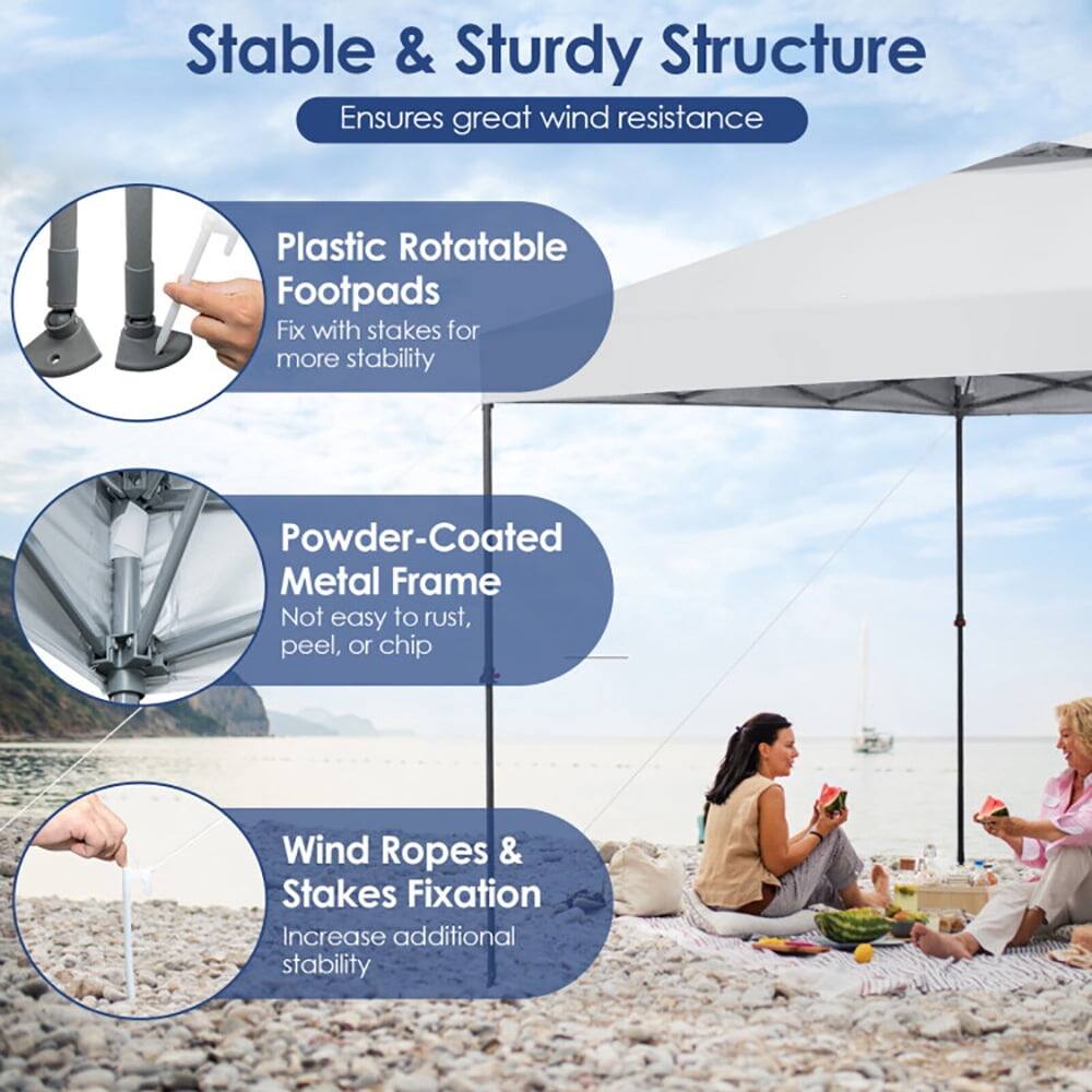 Stable & Sturdy Structure  
Ensures great wind resistance  

Plastic Rotatable Footpads  
Fix with stakes for more stability  

Powder-Coated Metal Frame  
Not easy to rust, peel, or chip  

Wind Ropes & Stakes Fixation  
Increase additional stability