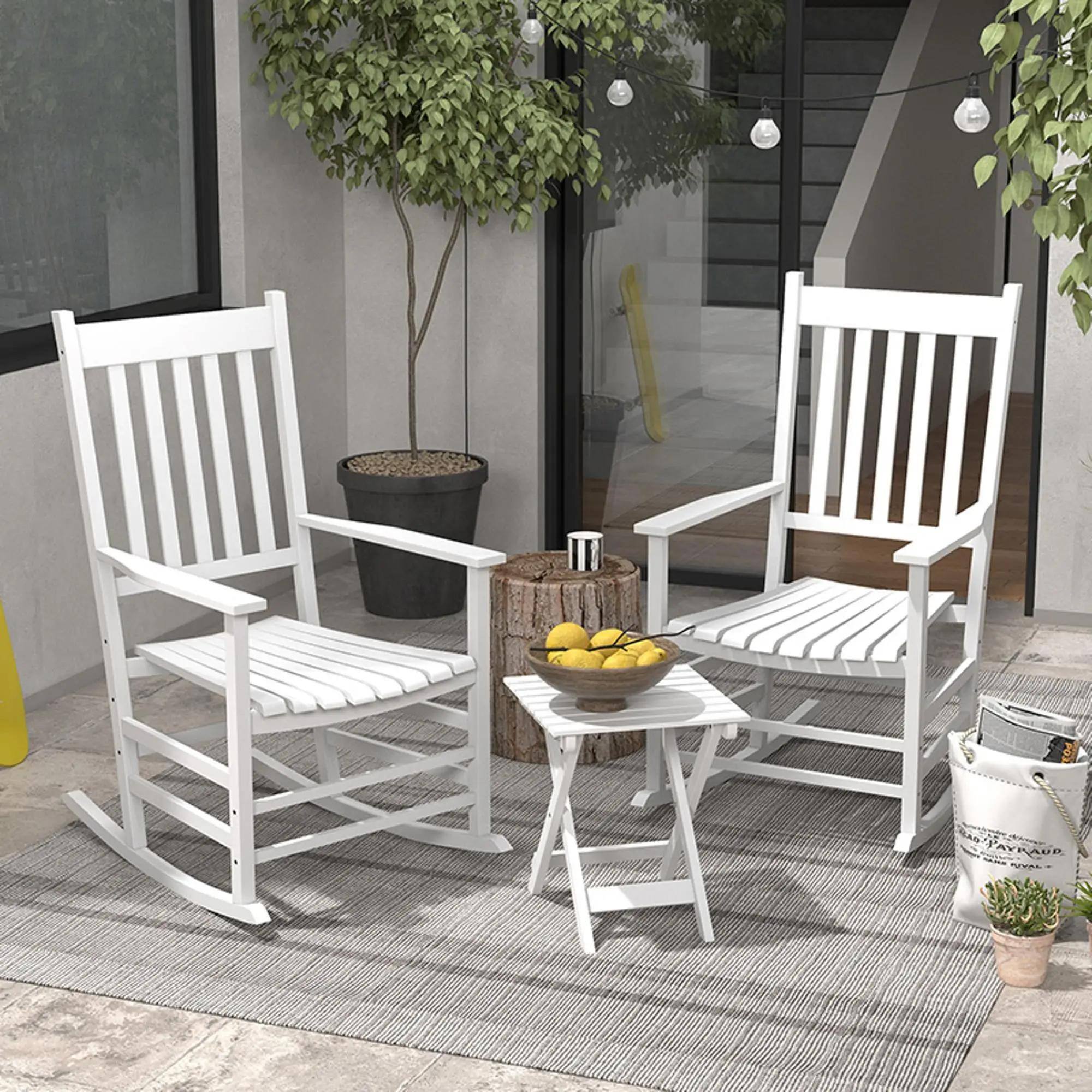 Back. Resenkos - Resenkos 2-Piece Patio Rocking Chairs with Side Table, Smooth Armrests, High-Back, Garden-Friendly, White - White.