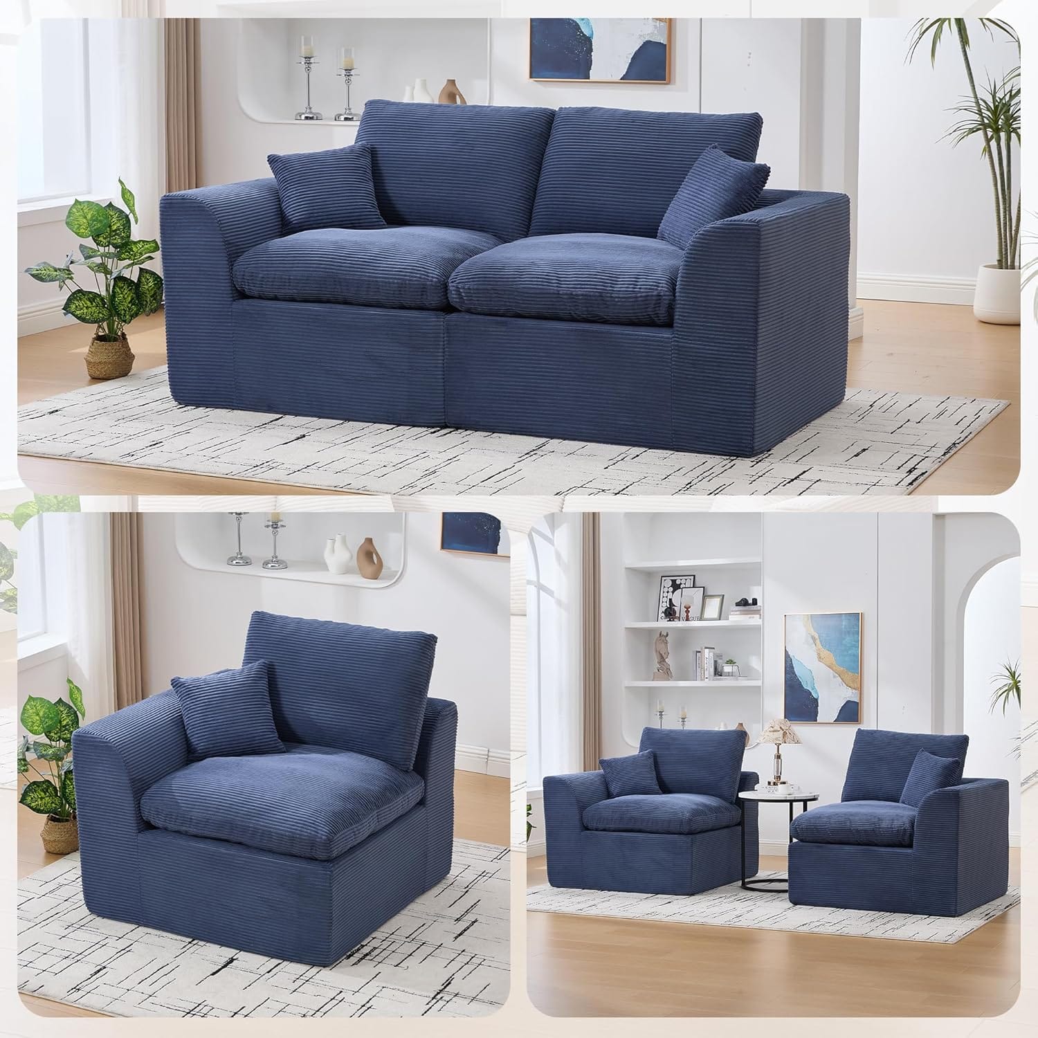 Trinkets Crazed - Modular Sectional Sofa Cloud Couch 2 Seater with Removable Cushion Covers - navy blue