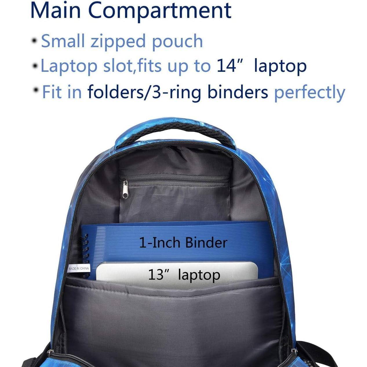 Main Compartment  
- Small zipped pouch  
- Laptop slot, fits up to 14" laptop  
- Fit in folders/3-ring binders perfectly  

1-Inch Binder  
13" laptop  

Made in China
