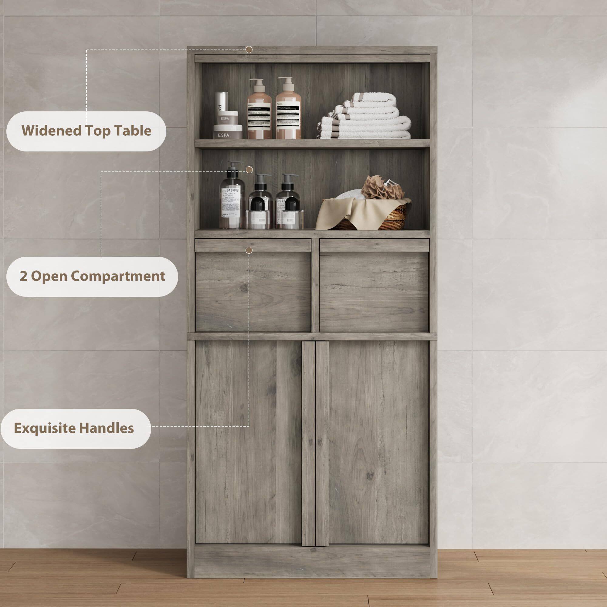 Alt View 4. Acekool - Tall Bathroom Cabinet, Floor Storage Cabinet with Doors & 2 Drawers, 51" H Tall Organizer Cabinet Freestanding - Grey.