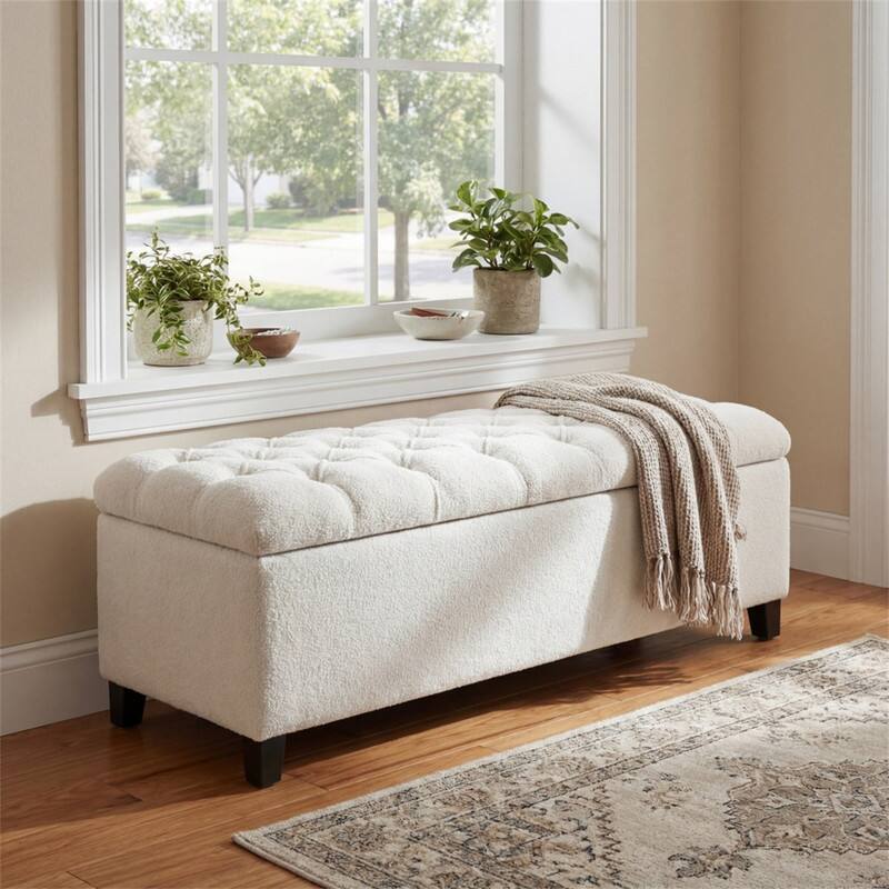 Alt View 9. HTUTWOO - Ottoman Bench with Storage - Boucle Surface, Rubber Wood Legs, 300 lbs Capacity, MDF/Pine/Plywood Construction - White.
