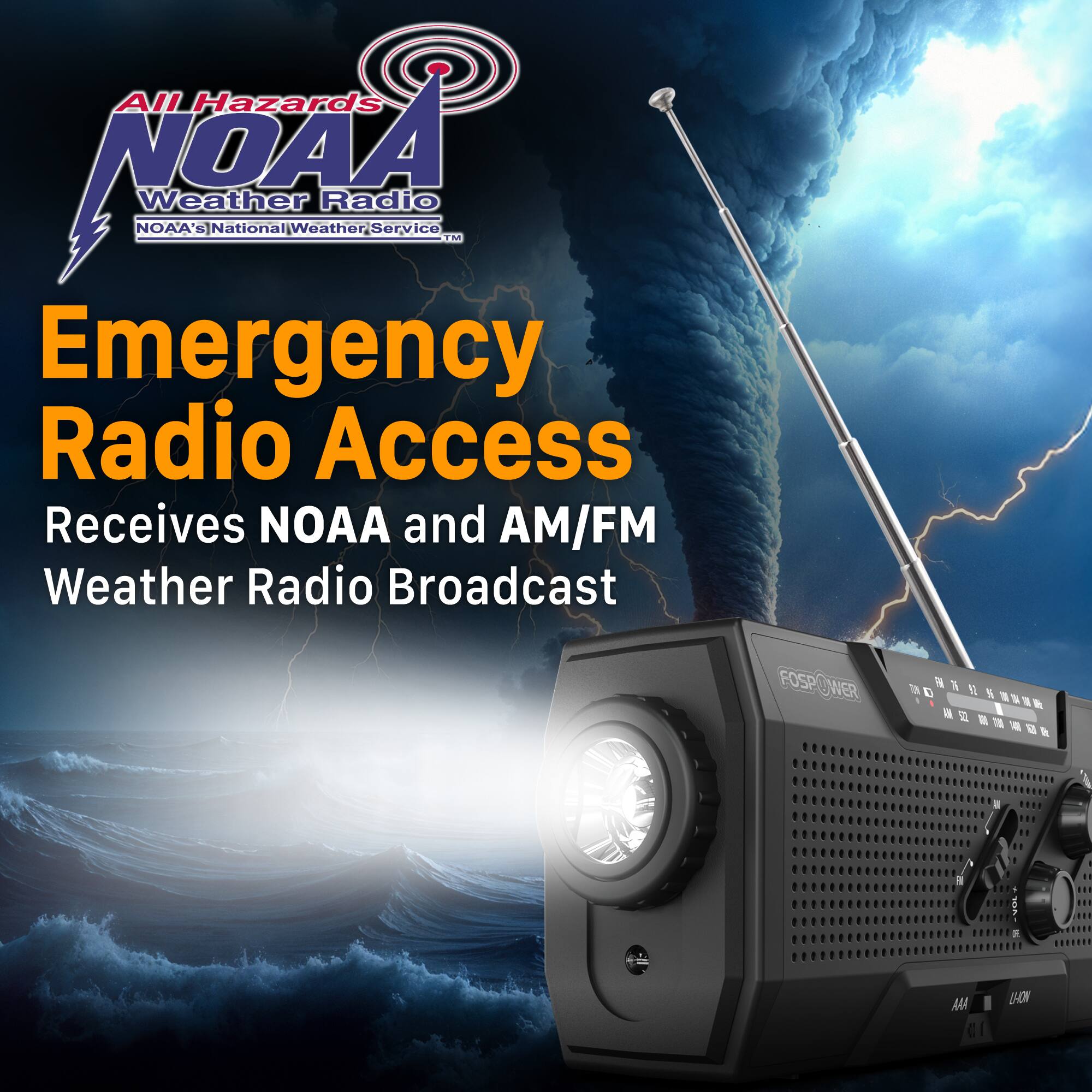 All Hazards NOAA Weather Radio  
NOAA's National Weather Service  

Emergency Radio Access  
Receives NOAA and AM/FM Weather Radio Broadcast