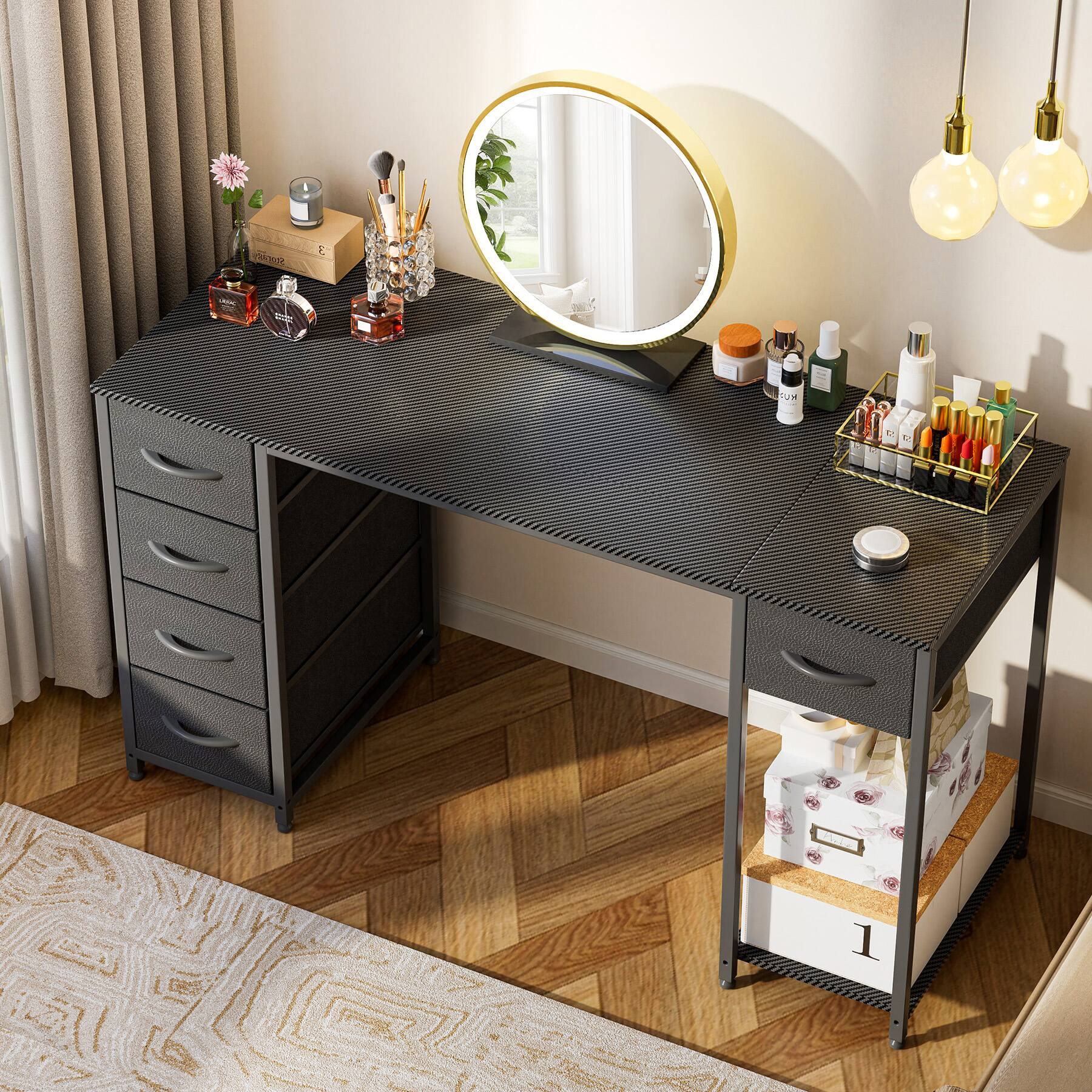 Alt View 7. GTPlayer - Computer Desk with 5 Fabric Drawers 47.24 Inch Home Office Desk,Black - Black.