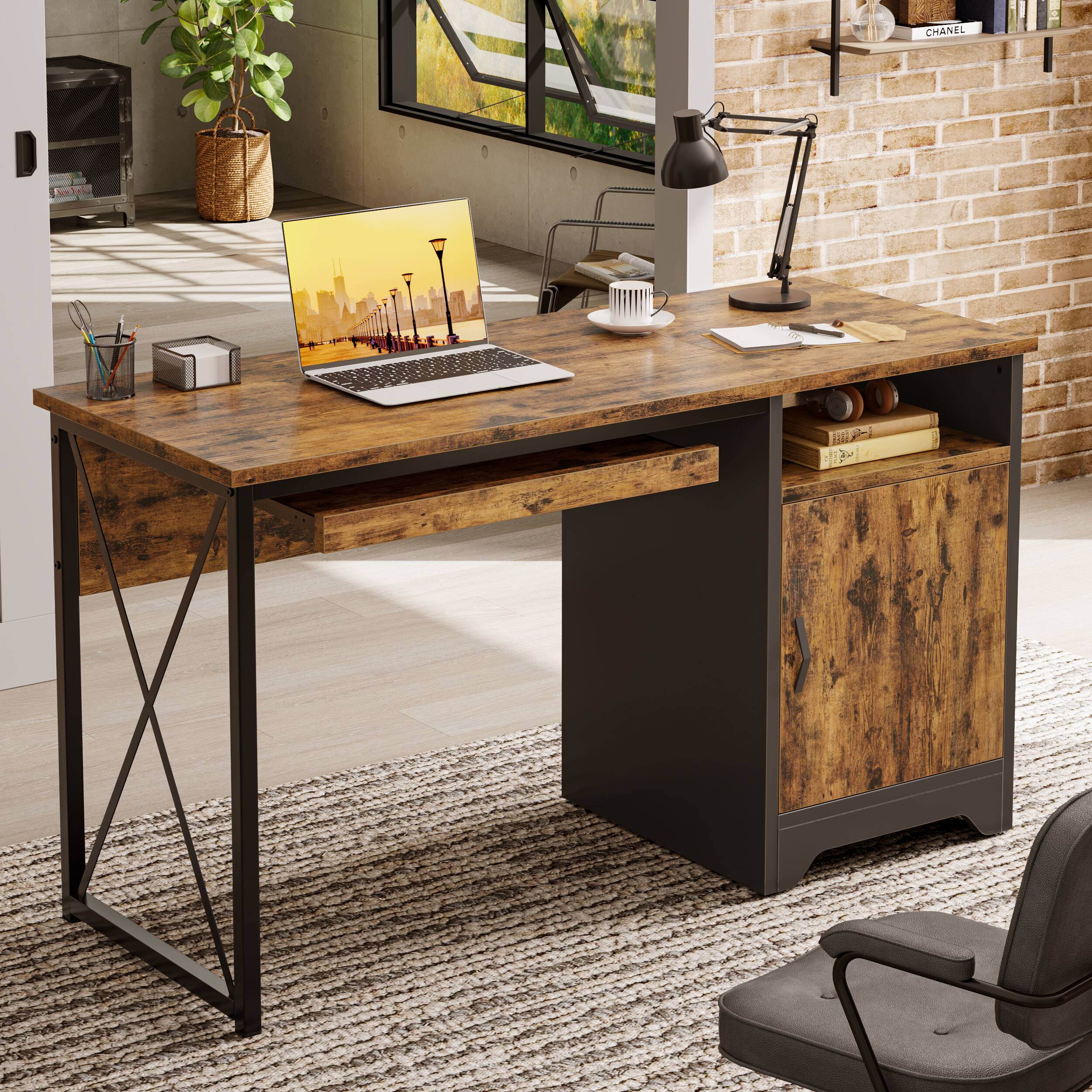 Back. Bestier - 47" Reversible Home Office Desk with Storage, Keyboard Tray & Metal Frame Gaming Room - Brown.