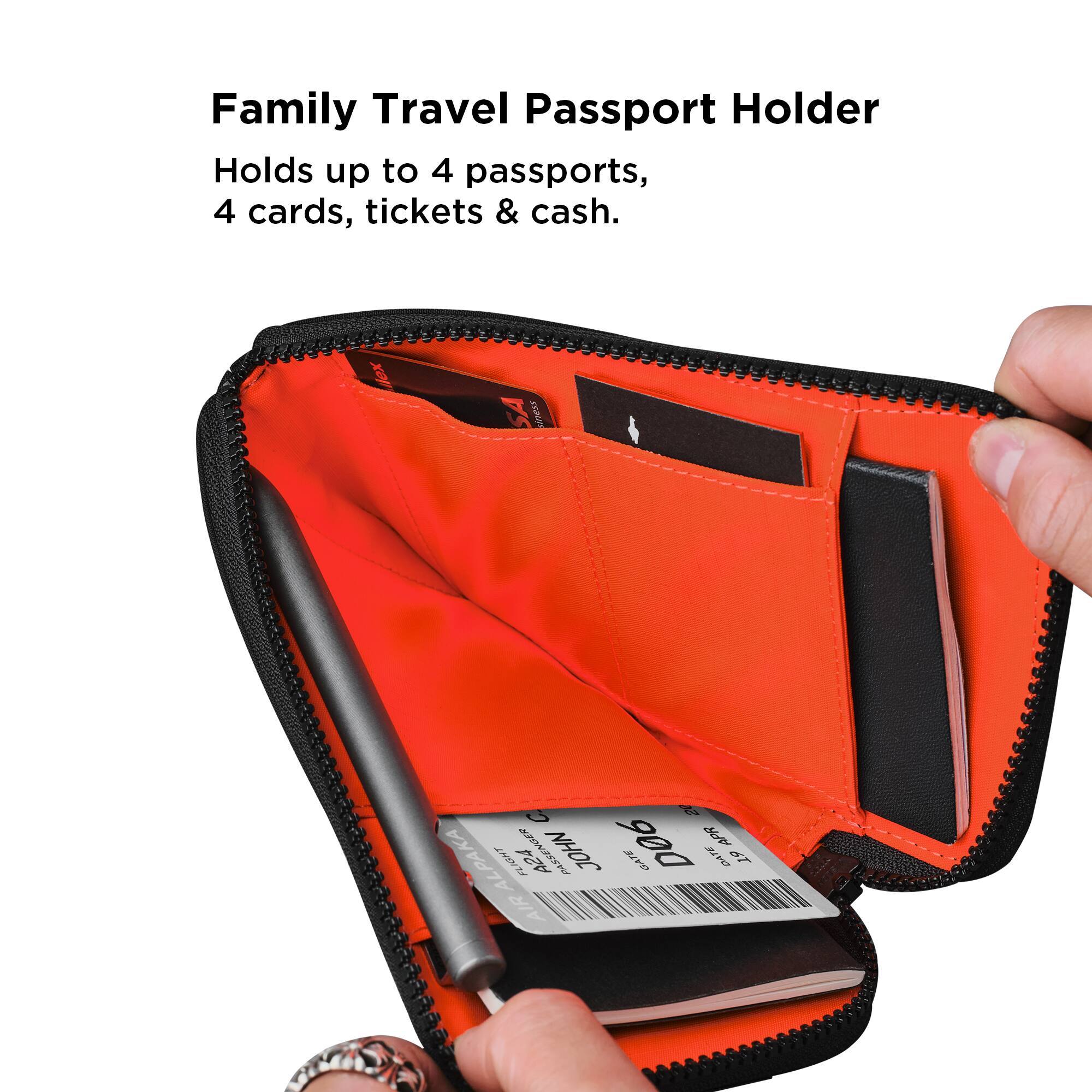 Family Travel Passport Holder  
Holds up to 4 passports, 4 cards, tickets & cash.