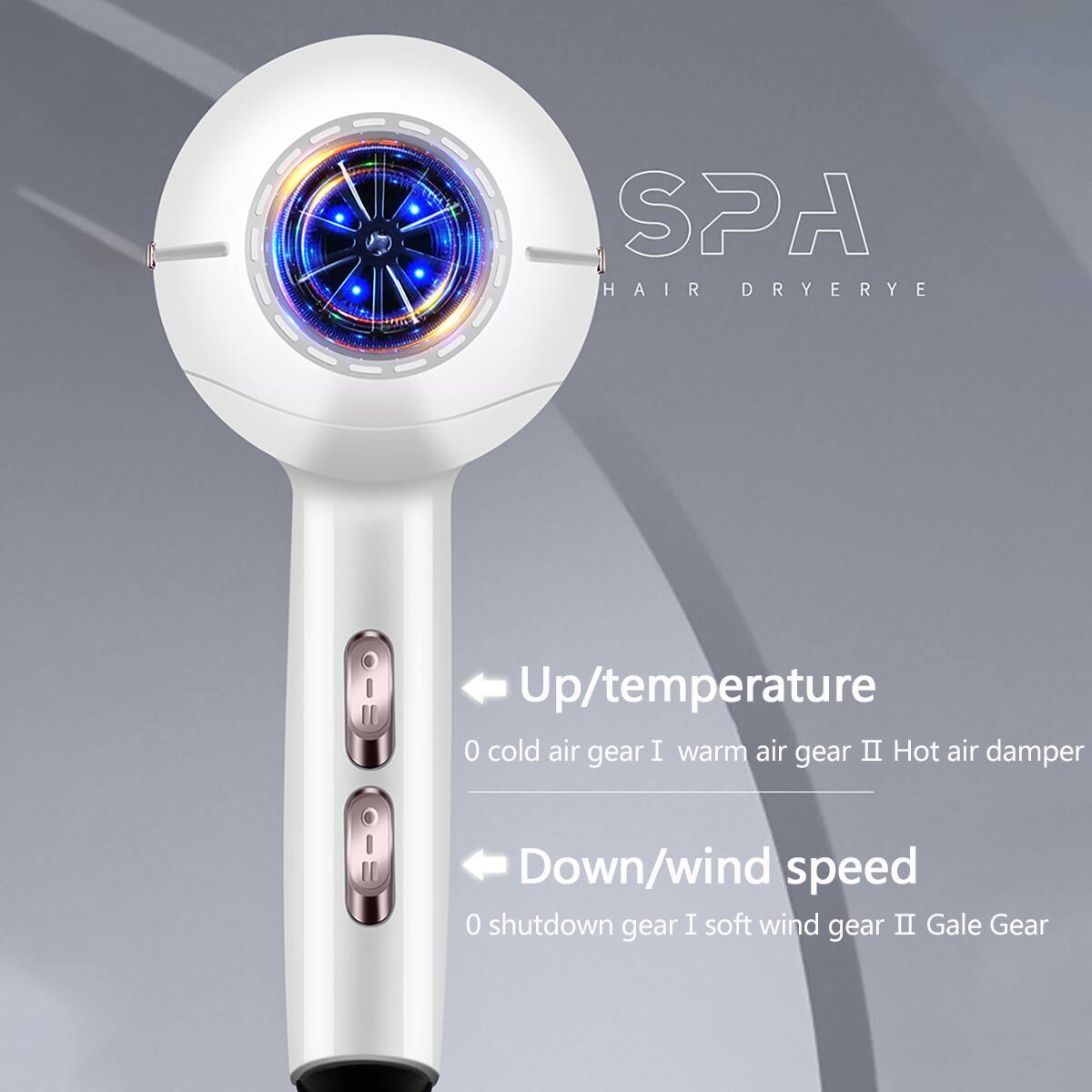SPA HAIR DRYER

Up/temperature  
0 cold air gear I warm air gear II Hot air damper

Down/wind speed  
0 shutdown gear I soft wind gear II Gale Gear