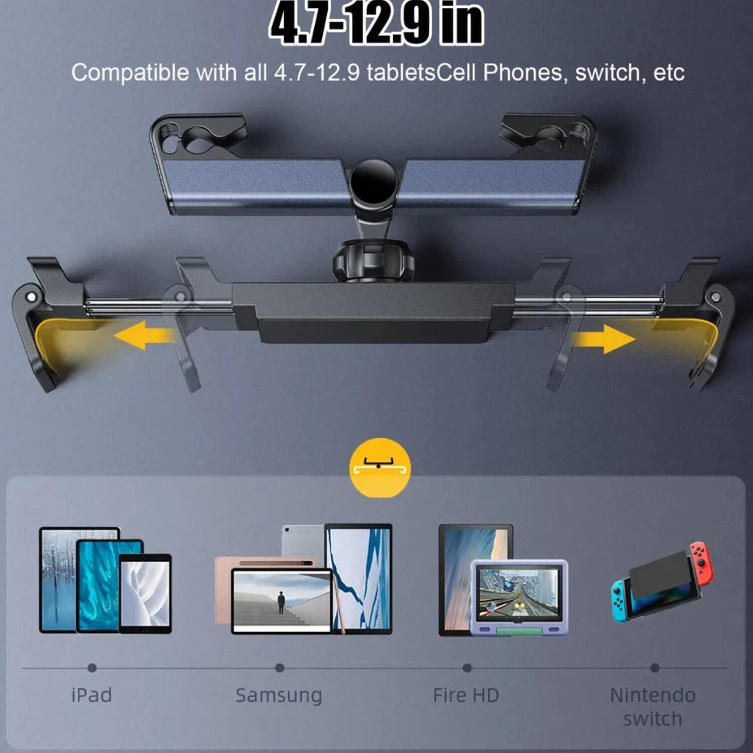 4.7-12.9 in  
Compatible with all 4.7-12.9 tablets, Cell Phones, switch, etc  

iPad  
Samsung  
Fire HD  
Nintendo switch